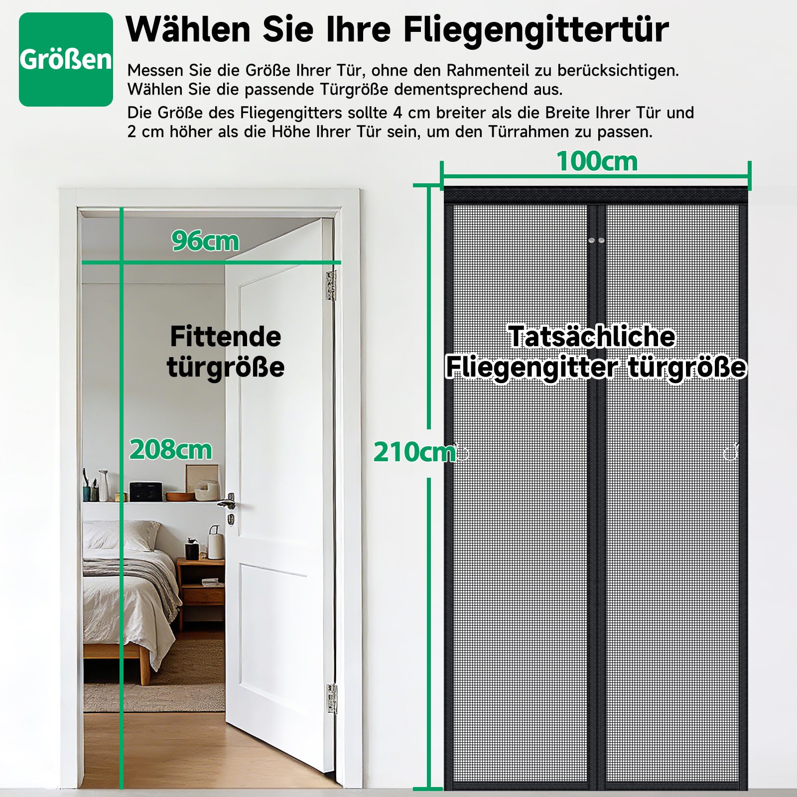 HOFUDON Fliegengitter Balkontür Magnet 100x210 cm, Ganze Durchgehender Magnetverschluss ohne Lücken für Fiberglas Fliegengitter Tür Insektenschutz ohne Bohren, Reißfest, Wetterfest, 4cm Klettband Oben