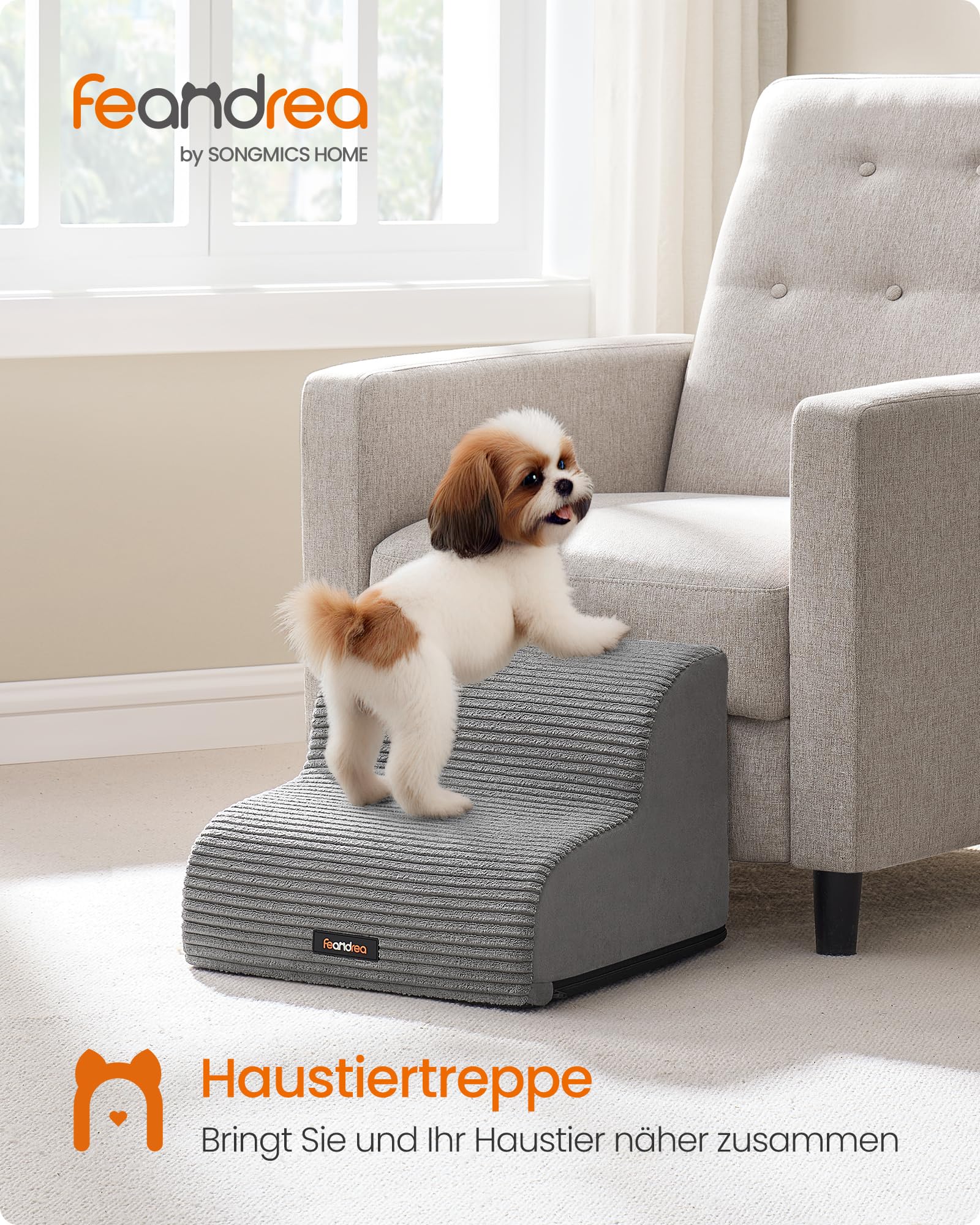 Feandrea Hundetreppe, 2 Stufen, Haustiertreppe, für kleine Hunde, Bett, Sofa, wasserdichte Katzentreppe, rutschfest, gringe Neigung, Abnehmbarer waschbarer Bezug, Griff, Taubengrau PPS002G01