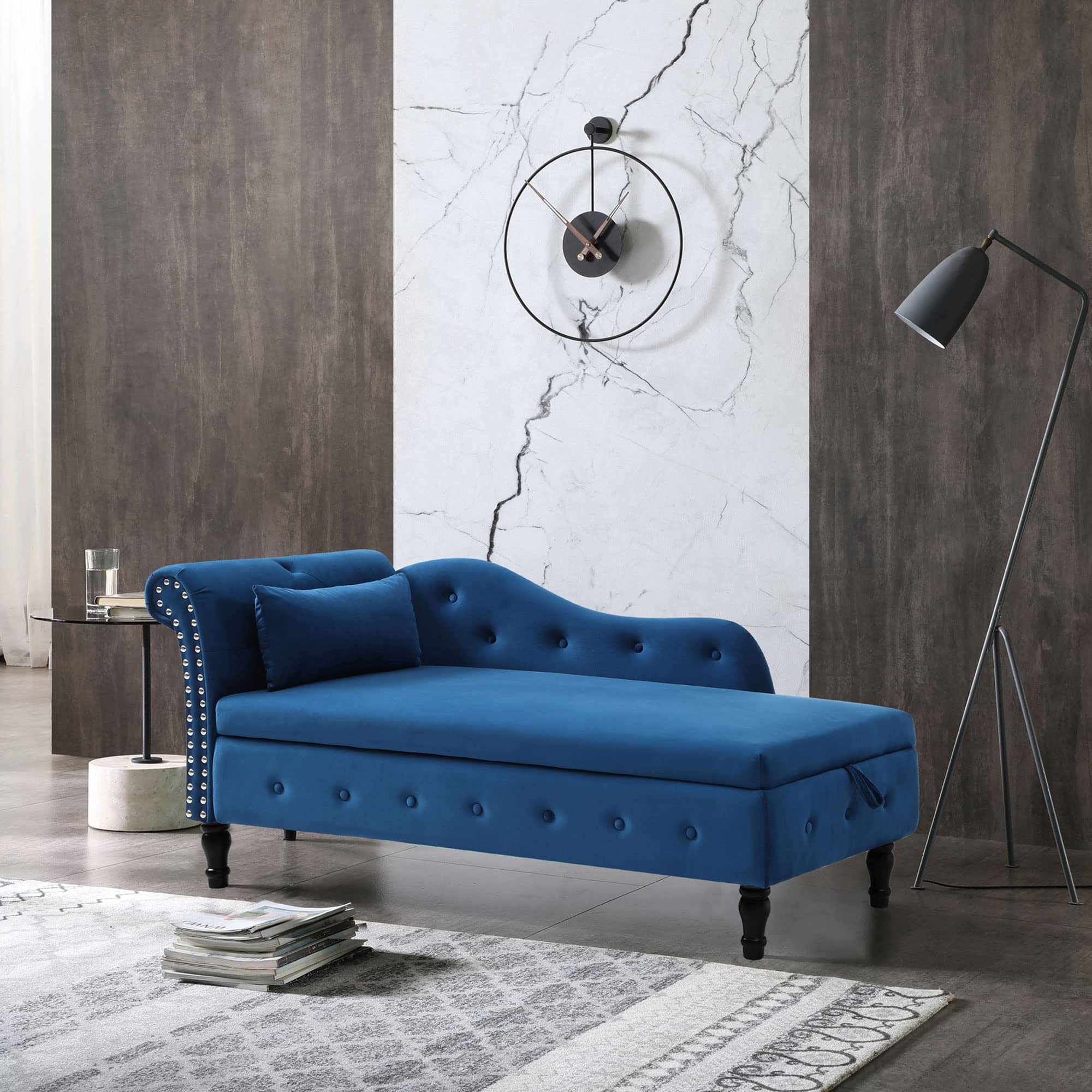 Velvet Chaise Lounge Indoor with Storage, Modern Upholstered Button Tufted Right Arm Facing Lounges Chair Nailhead Trim for Living Room Bedroom Office, Blue+Storage, 27.6Dx60.6Wx27.2H in (SCL-002)