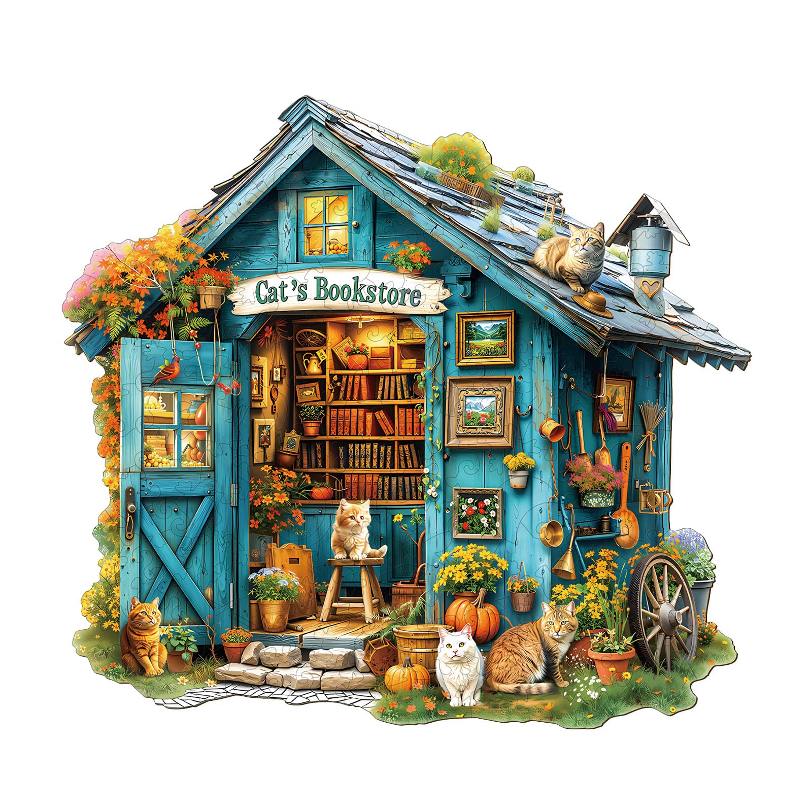WOODBESTS Wooden Puzzle for Adults, Wooden Cat's Bookstore Puzzle, Wood Puzzles Adult, Birthday for Women Men, Family Puzzle Game (L - 13.4 × 12.3 in - 230 pcs)