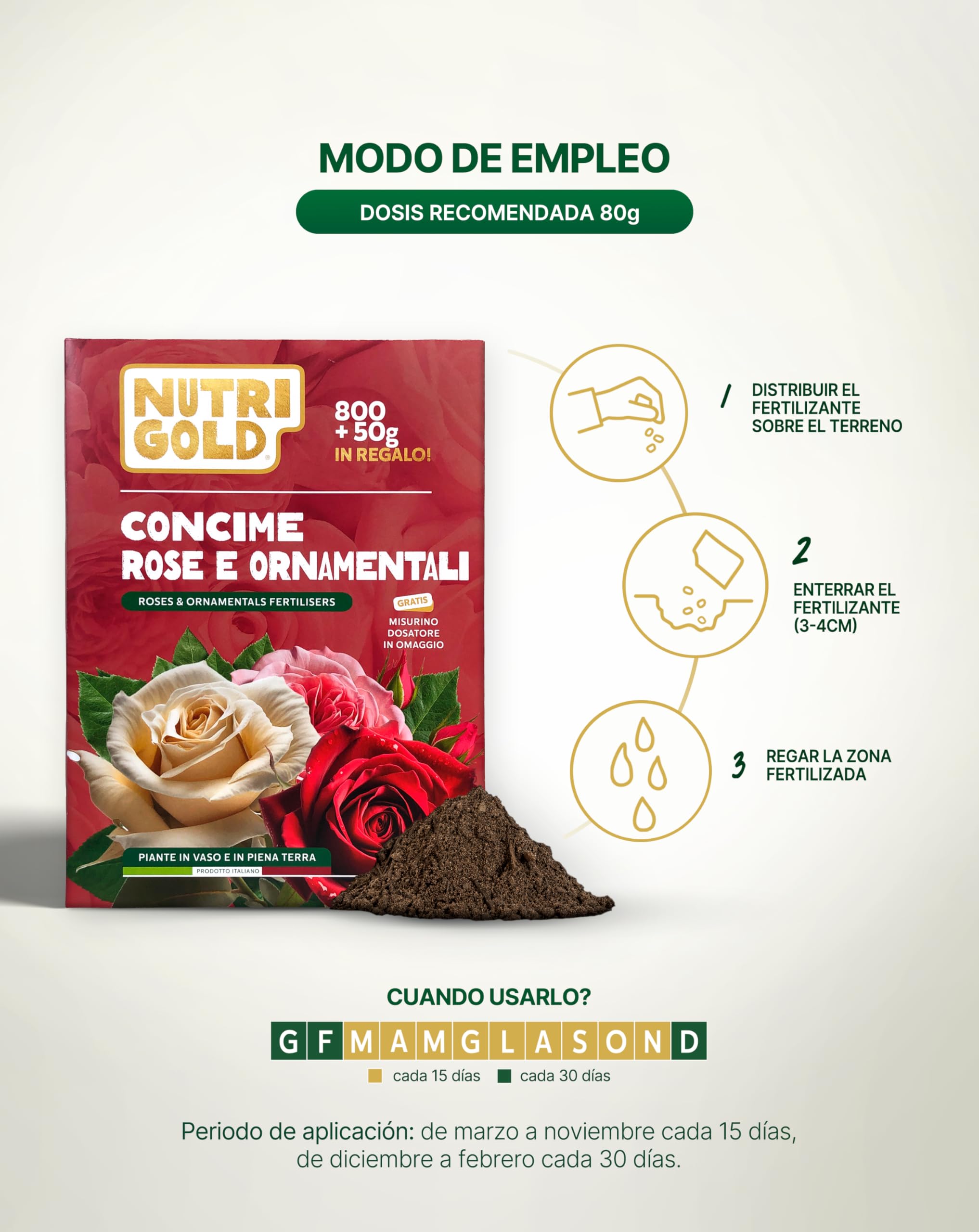 NutriGold® fertilizante Rosas y Flores | Abono para Rosas, Flores y Plantas Floridas - Estimula Floraciones Ricas e Intensas - 100% Natural Km0 - Sólido 800g + 50g Gratis