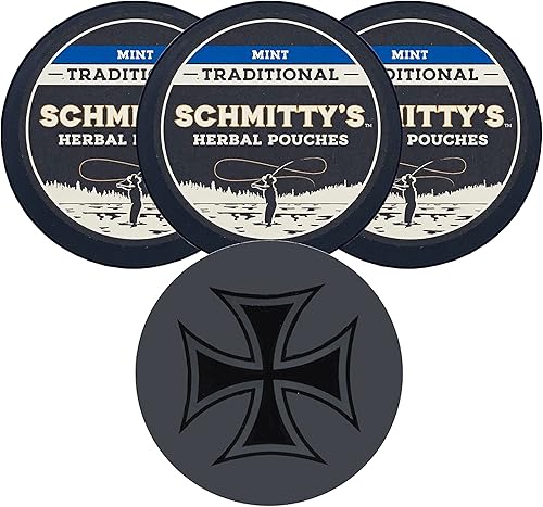 DC Crafts Nation La piel puede cubrir la cruz de hierro con 3 latas de bolsas de menta para tabaco de hierbas Schmitty