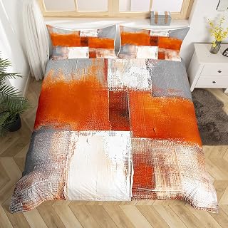 Erosebridal Orange Abstract Comforter Cover Ombre Bed Set, Gray Grunge Gradient Duvet Cover Queen Size Tie Dye Grey Watercolor Bedding Sets, Oil Painting Bedspread Cover Decoratives White 3pcs