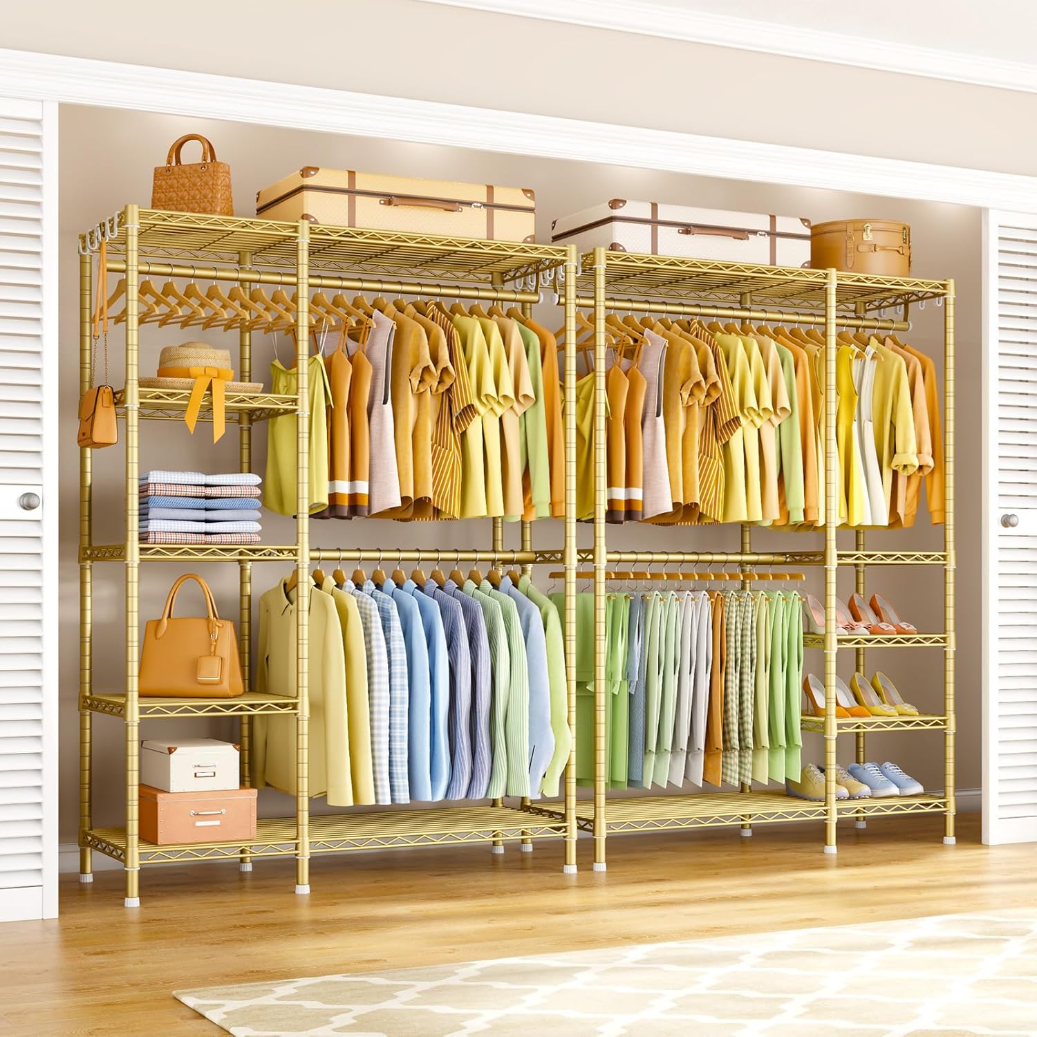 Ulif F2 Clothes Rack, 5 Tiers Heavy Duty Garment Rack for Bedroom, Freestanding Adjustable Closet Storage Organizer, 46.1" W x 15.4" D x 78.3" H, Load 630lbs, Upgraded Gold