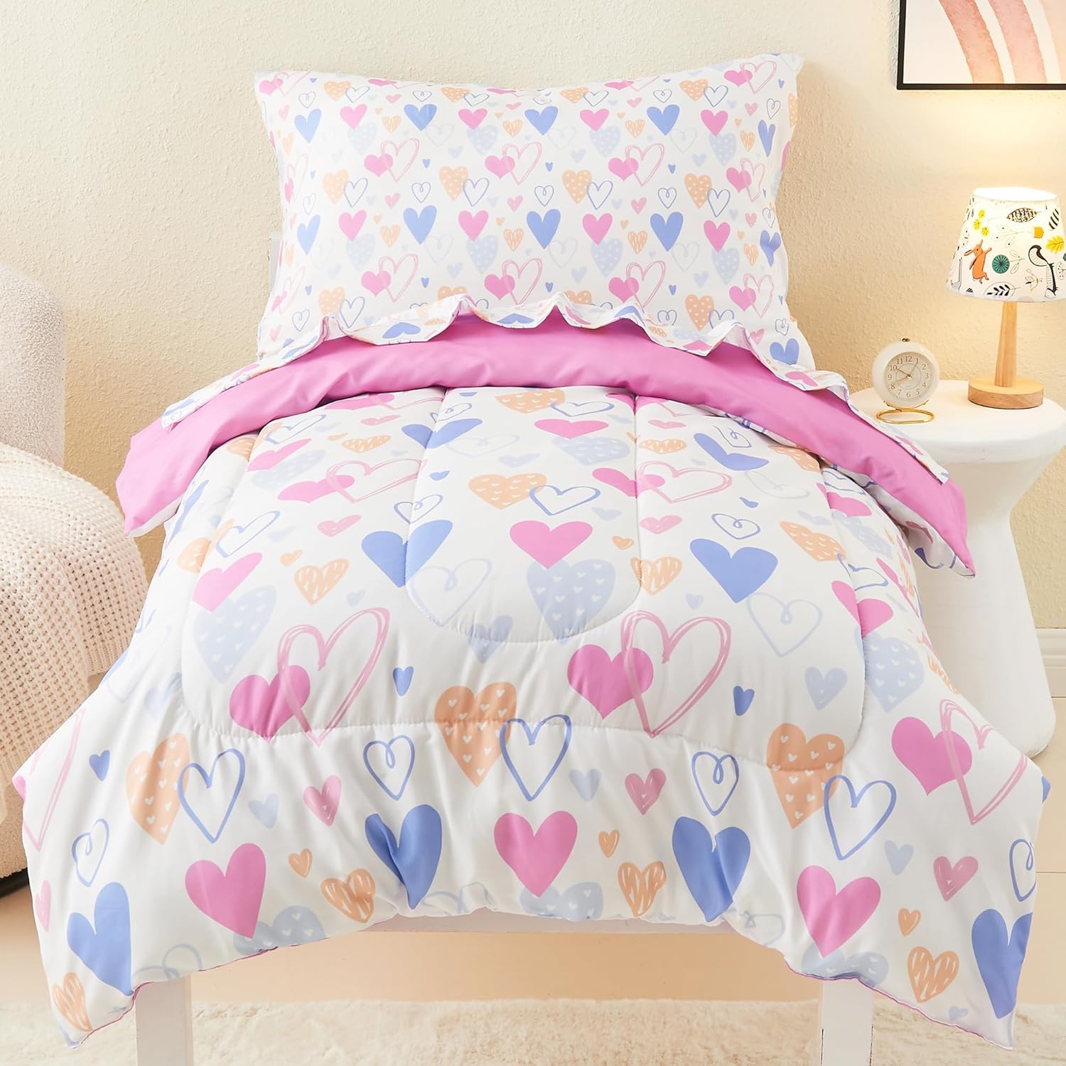 Mooreeke 4 Pieces Toddler Bedding Set - Soft Love Heart Toddler Comforter Sets for Girls, Includes Quilted Comforter, Flat Sheet, Fitted Sheet and Pillowcase, Bed in A Bag for Baby Bedroom