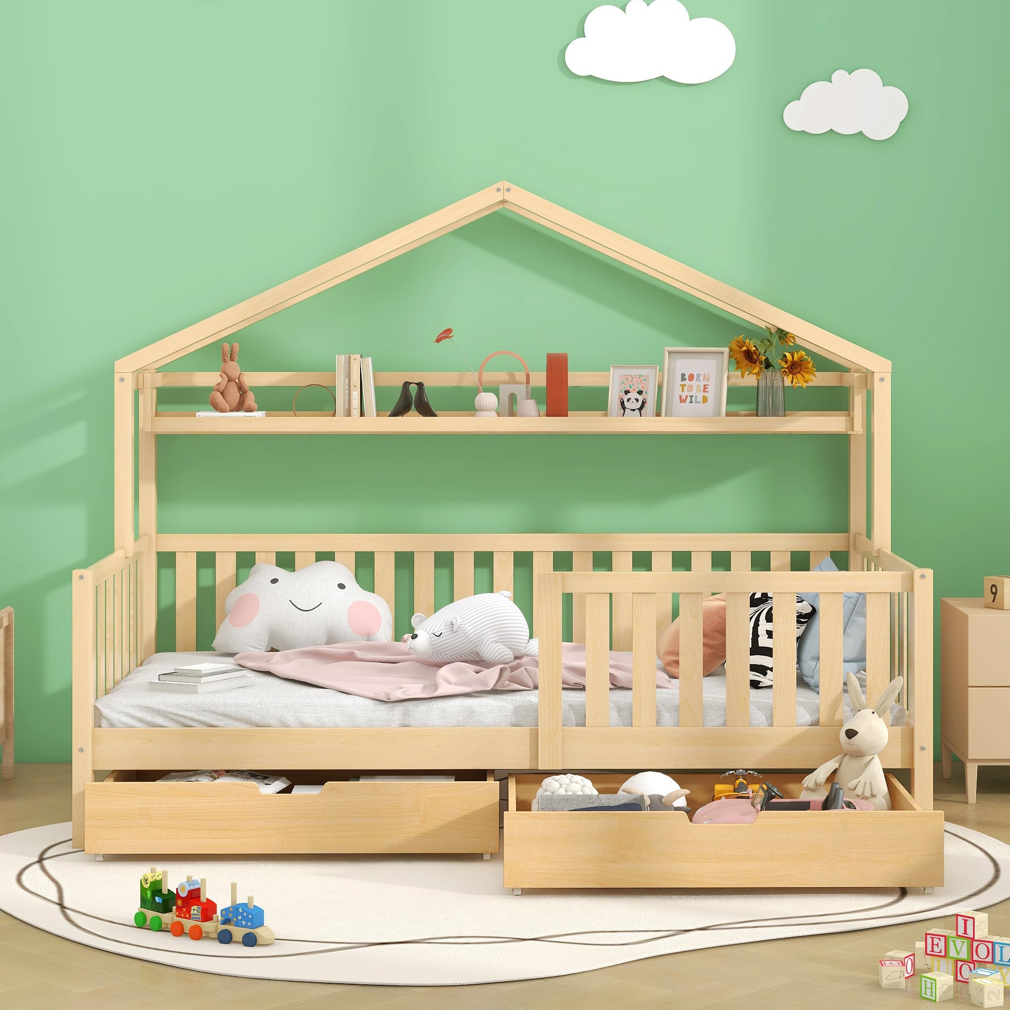 Kinderbett Hausbett 90x200 mit Regalen und 2 Schubladen, Bett mit Rausfallschutz & Lattenrost, Kinder Haus Bett aus Kiefernholz Jugendbett Bettgestell für Jungen & Mädchen, Ohne Matratze, Natur