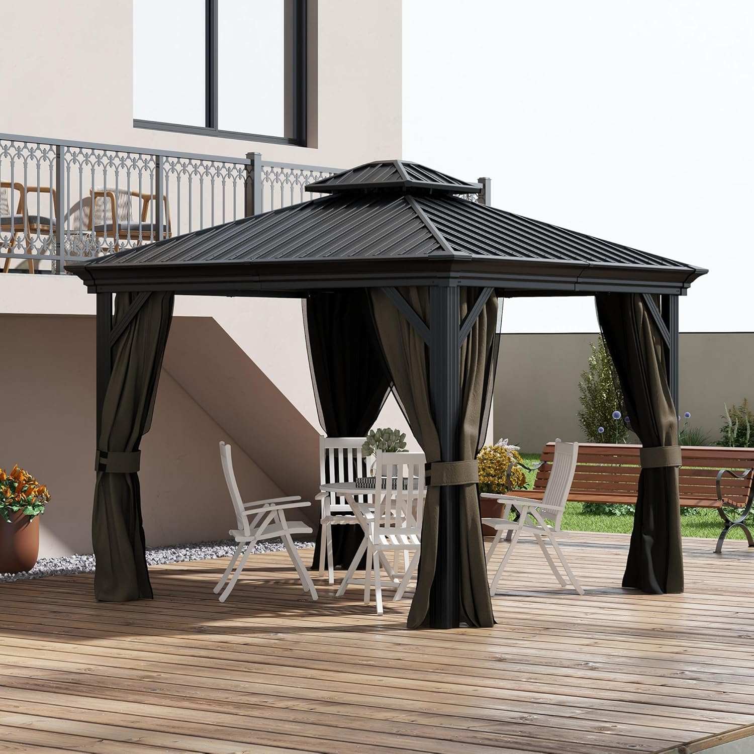 Outsunny gazebo on a deck with patio furniture