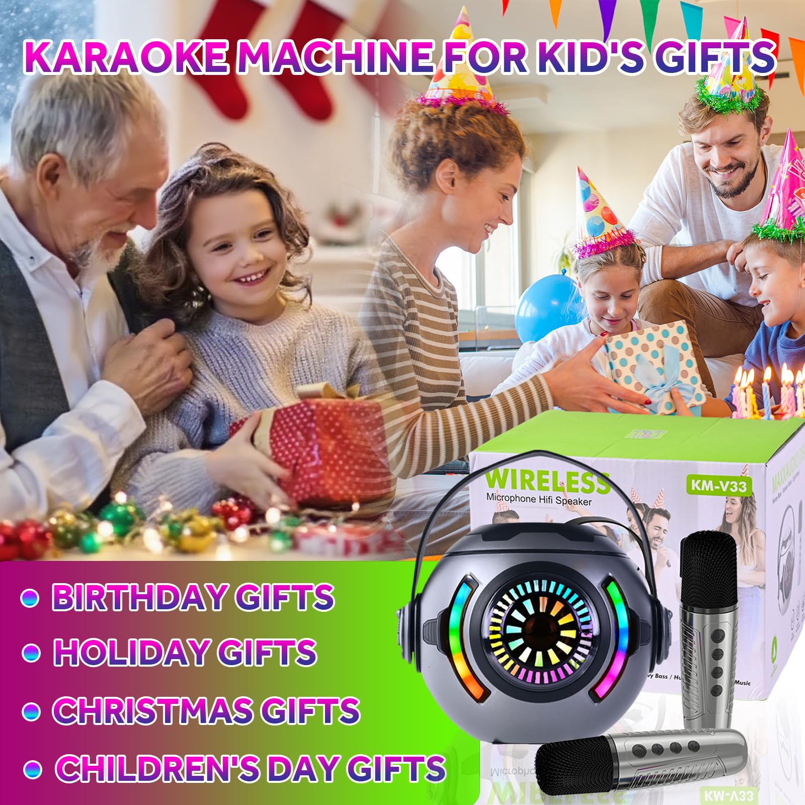 Karaoke Machine 2 microfoni, microfono wireless Bluetooth portatile per bambini, per bambini dai 4 ai 12 anni, regali per ragazzi e ragazze 4, 5, 6, 7, 8, 9, 10, 11 e 12 anni