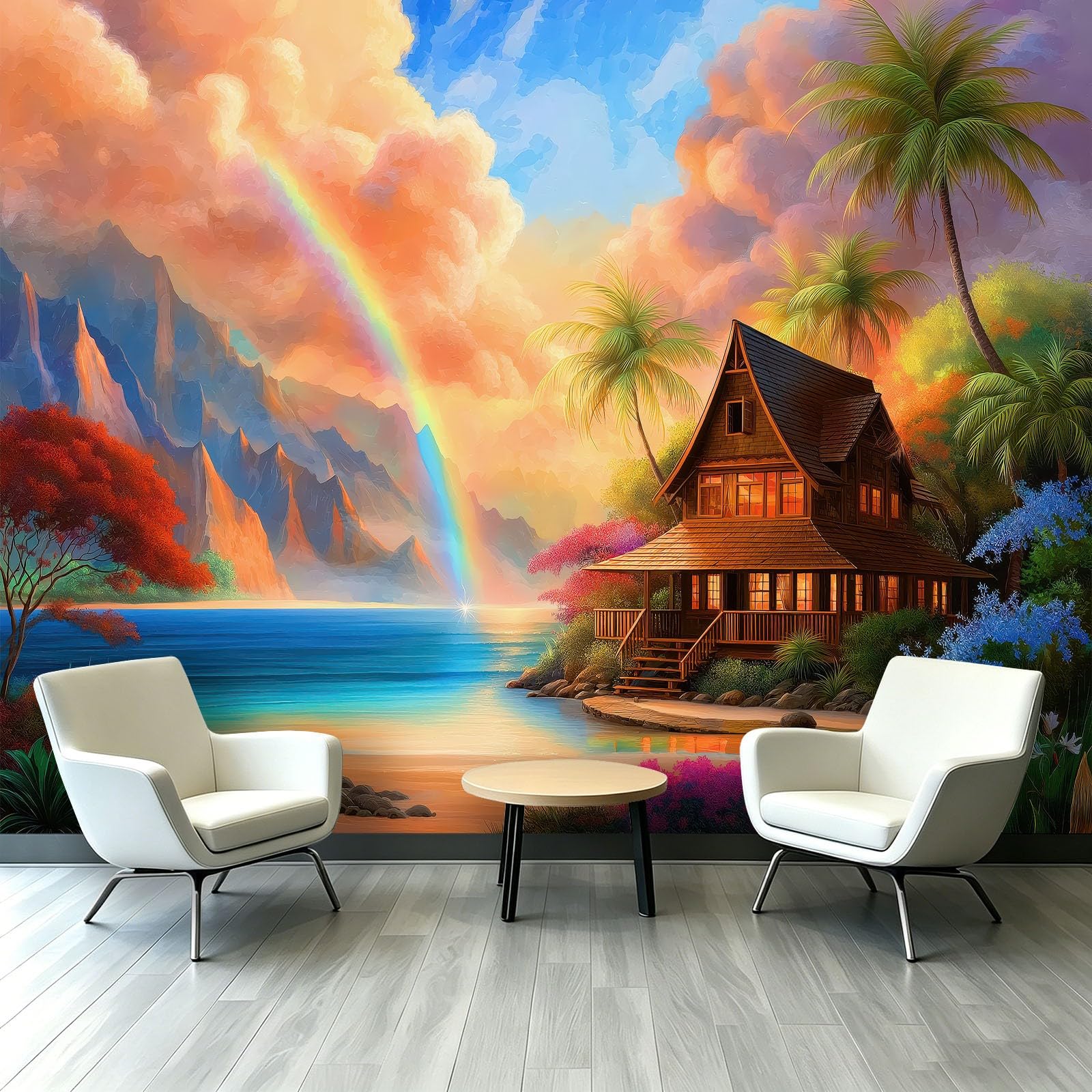 Fantasía Anime Mural de Pared 200 x 140 cm Arco Iris Playa Cabina Nubes Foto Papel Pintado Papel Pintado No Tejido, Decoración para Sala de Estar Dormitorio Dormitorio Oficina Decoración