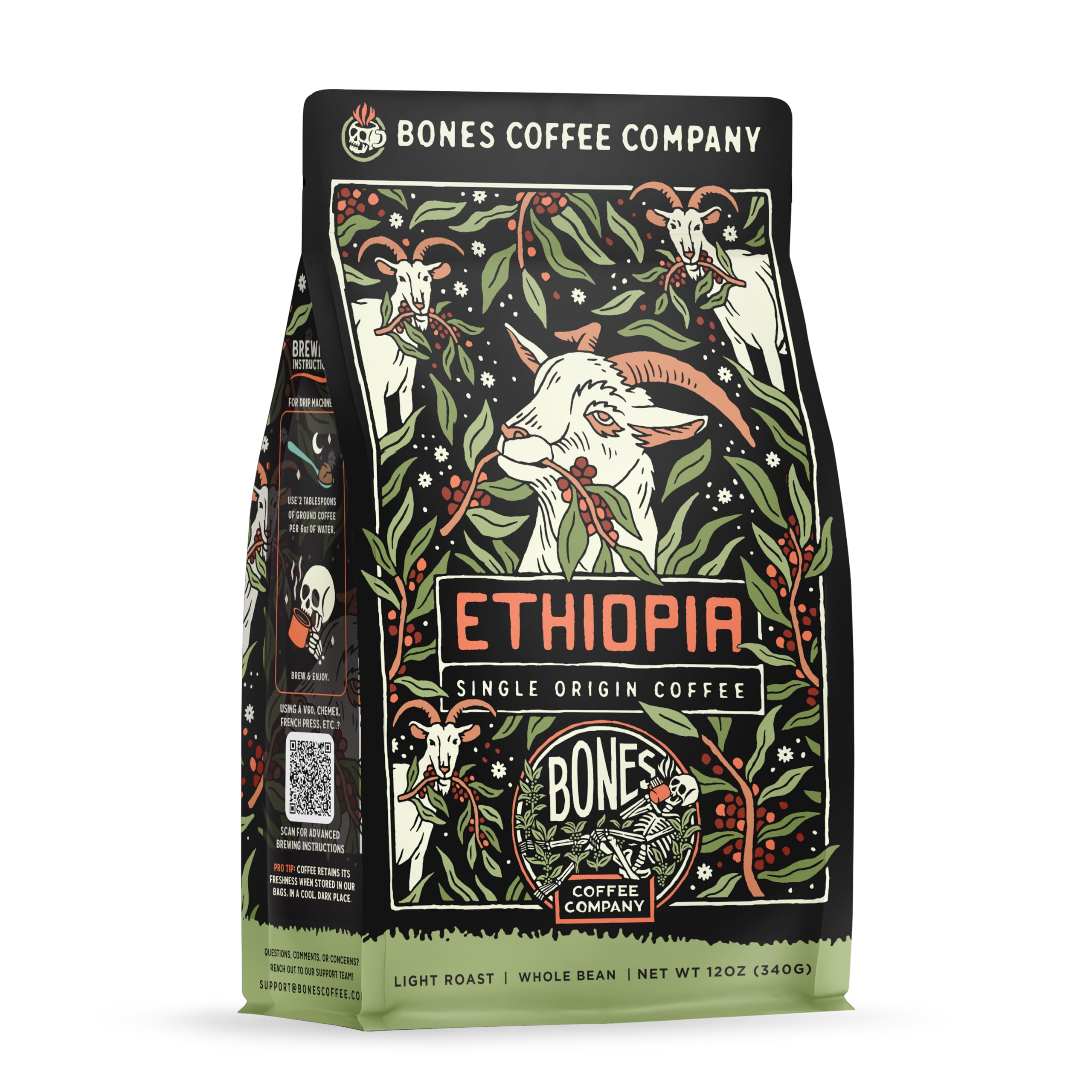 Bones Coffee Company Ethiopia Single-Origin, Citrus, Floral and Berries Notes, Whole Coffee Beans, Low Acid Medium Roast Arabica Beans Flavored Coffee, 12 oz Whole Bean
