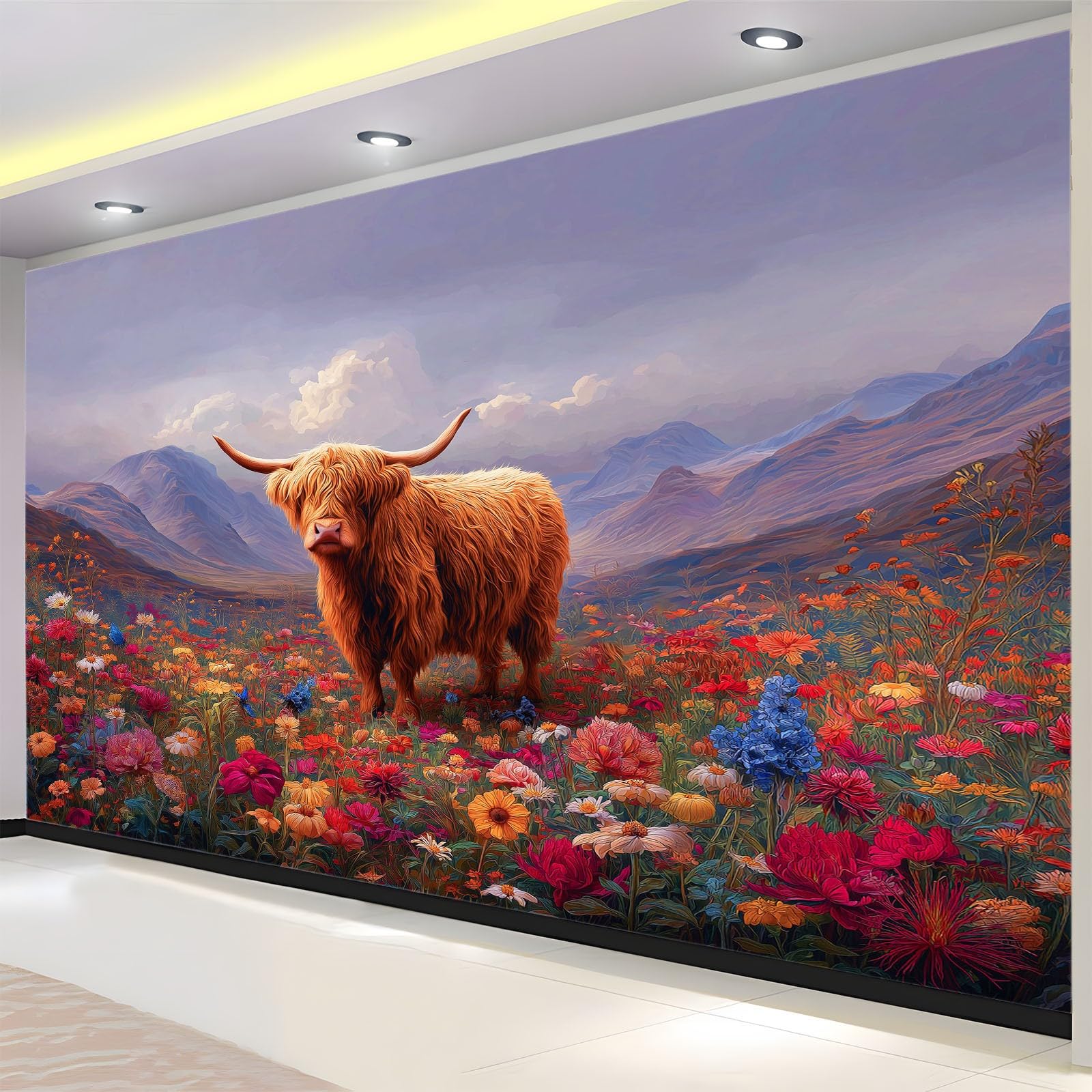 Fototapeta z włókniny rustykalna krowa górskie kwiaty dzikie kwiaty, tapeta 200 x 140 cm do pokoju dziecięcego sypialni salonu łazienki, wielokolorowa