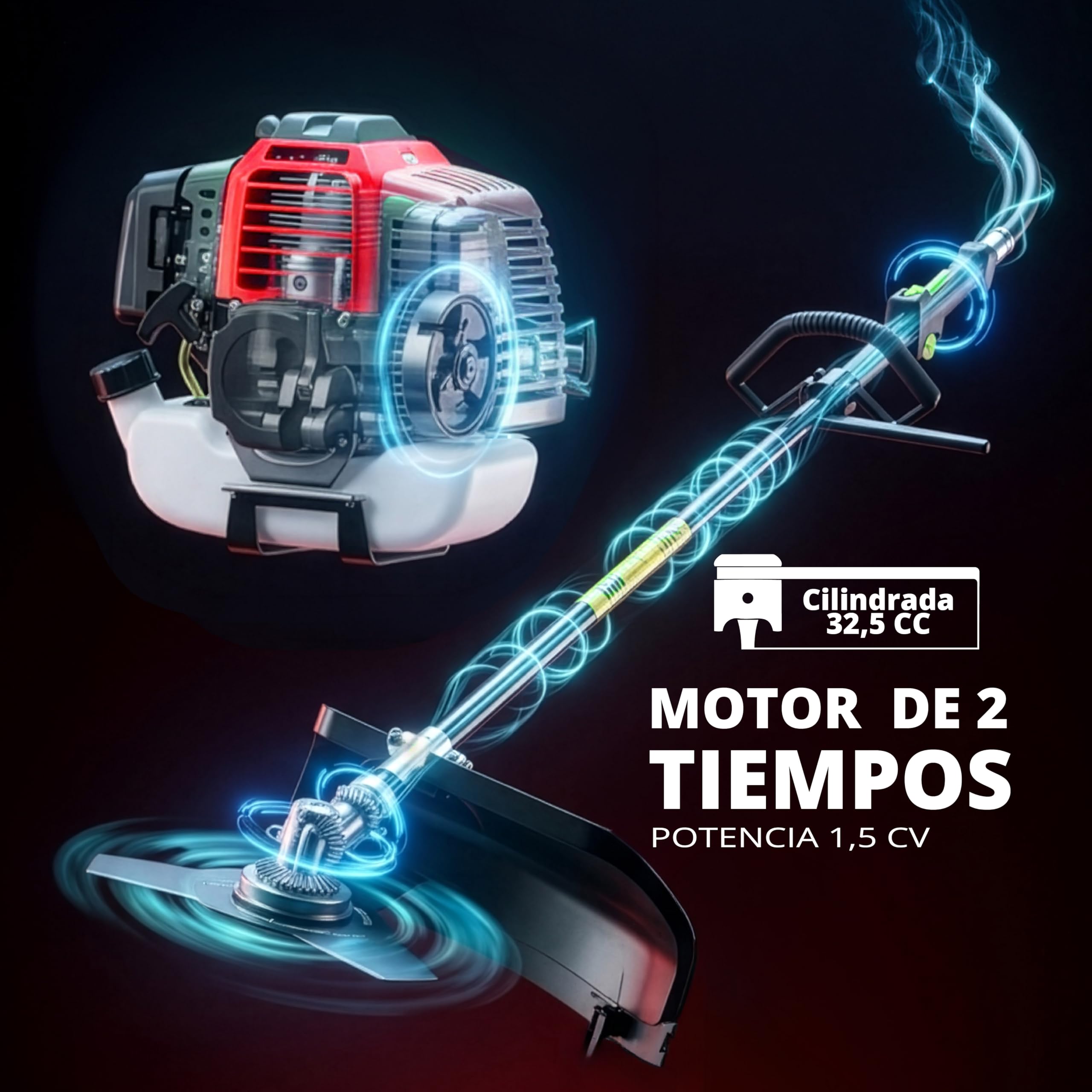 Redblade desbrozadora gasolina 32,5cc 1,5CV motor 2 tiempos con disco 3 puntas, cabezal desbrozadora de hilo, equipada con arnes. Cortabordes ideal para cortar césped, maleza y mantenimiento de jardín