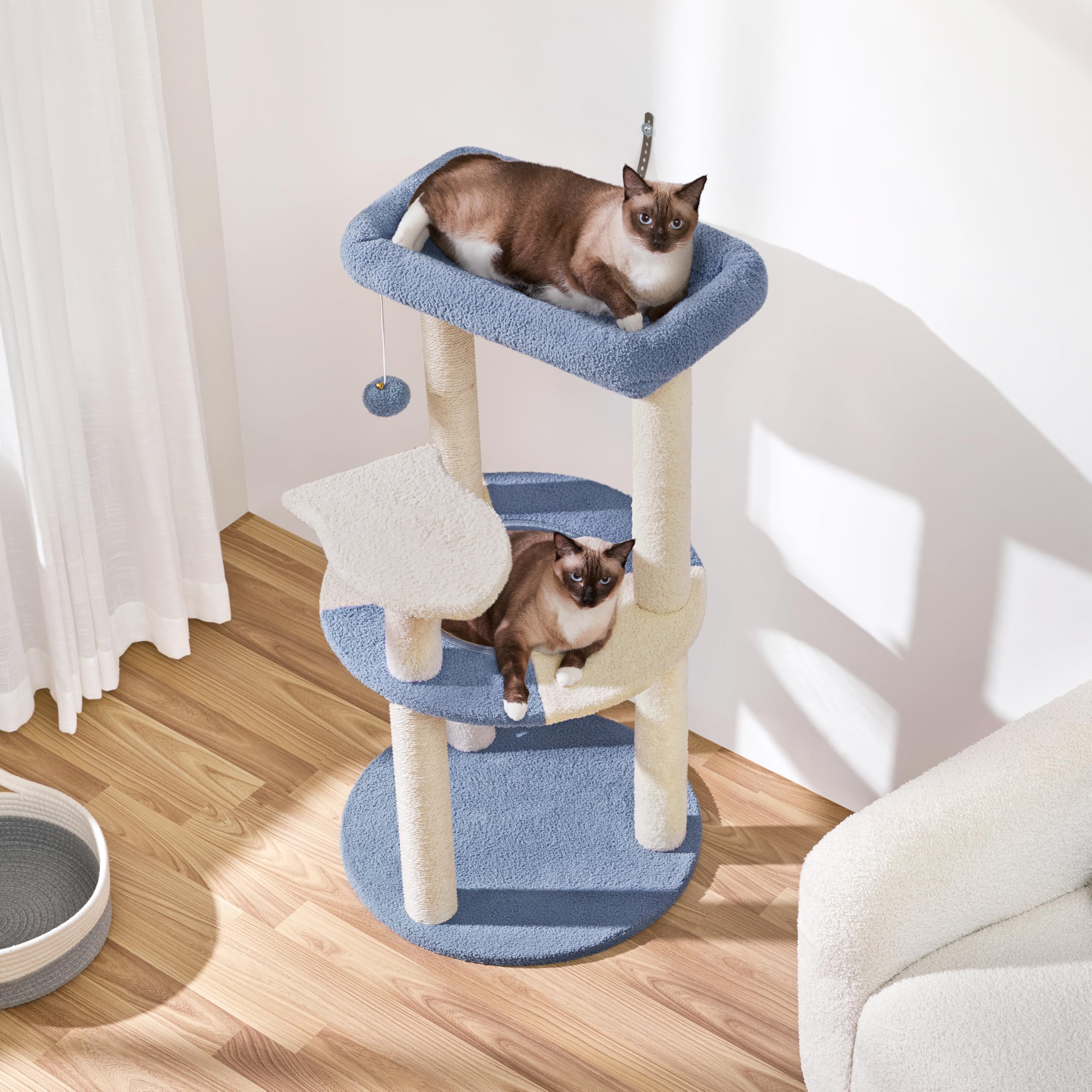 Yaheetech Árbol Rascador para Gatos 90 cm con Soporte Centro Azul y Beige | Cesta Redonda Transparente, Perca superior, Plataforma en forma de paz, Poste sisal resistente,Fácil montaje, Ahorra espacio