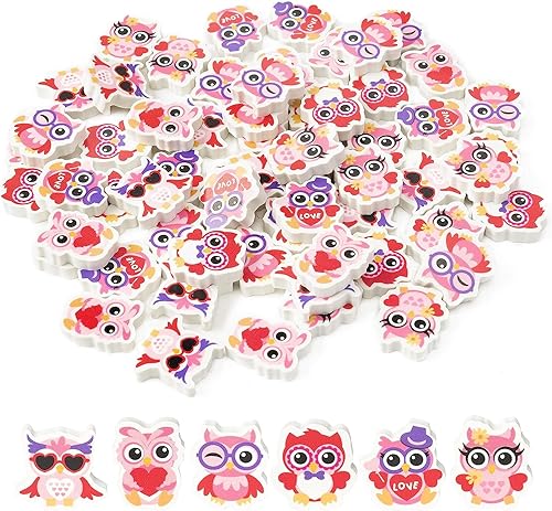 Haooryx 60 piezas de borrador de búho de San Valentín para niños, novedad a granel, borrador de lápiz de búho, borrador de rompecabezas de