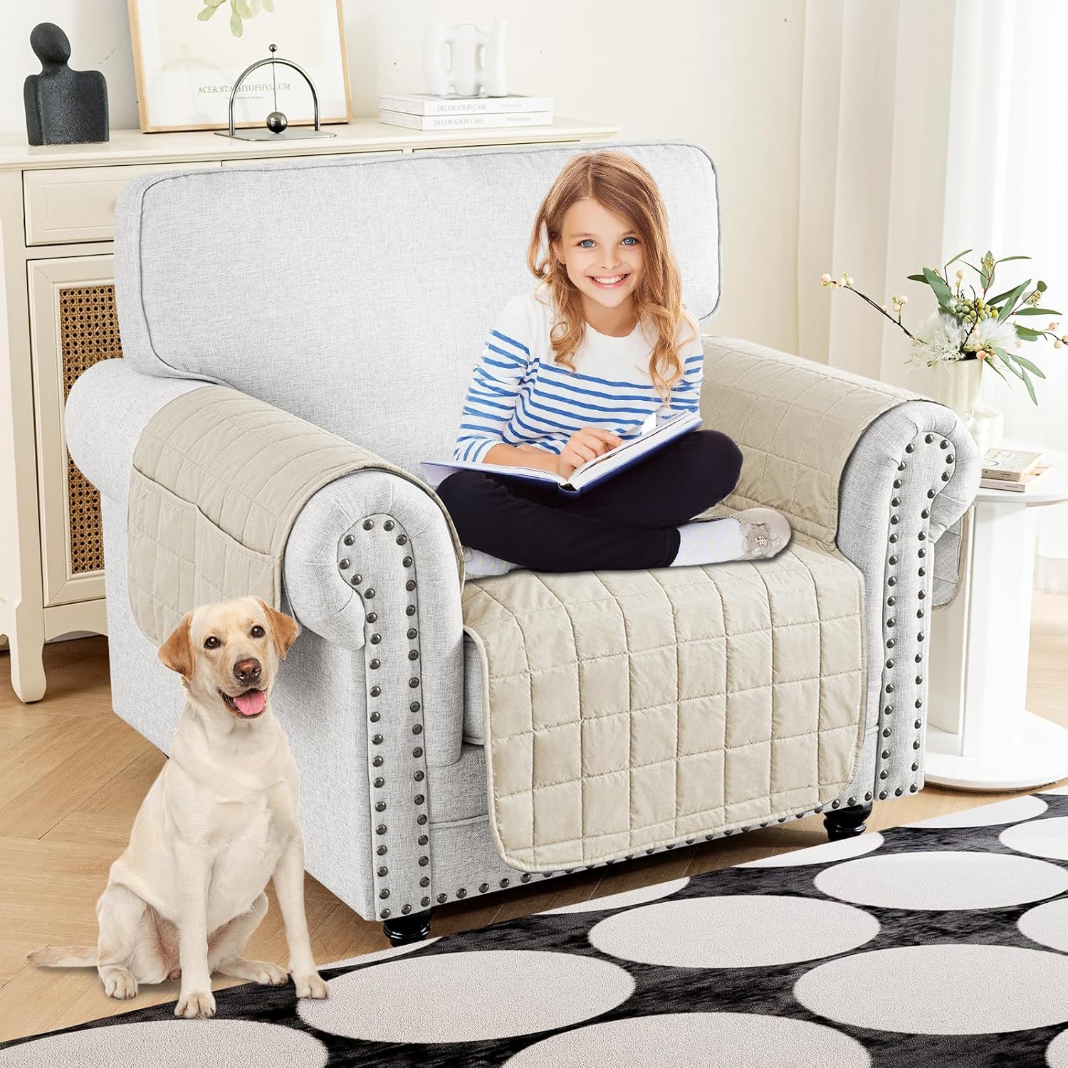 MAXIJIN Waterproof Chair Cover for Dogs Washable, Quilted Chair Seat Cover Sofa Slipcover for Armchair with Side Pockets, Non-Slip Furniture Protector for Pets Kids (Chair, Beige New)