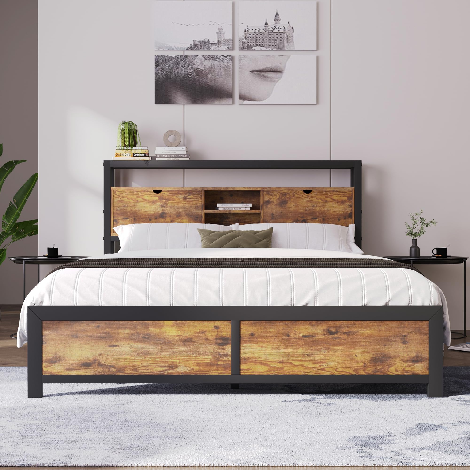 Cama de metal para adolescentes con cabecero de almacenamiento y somier de láminas de metal, marco de cama para adultos, niños, adolescentes, color negro, cama industrial (140 x 200 cm)