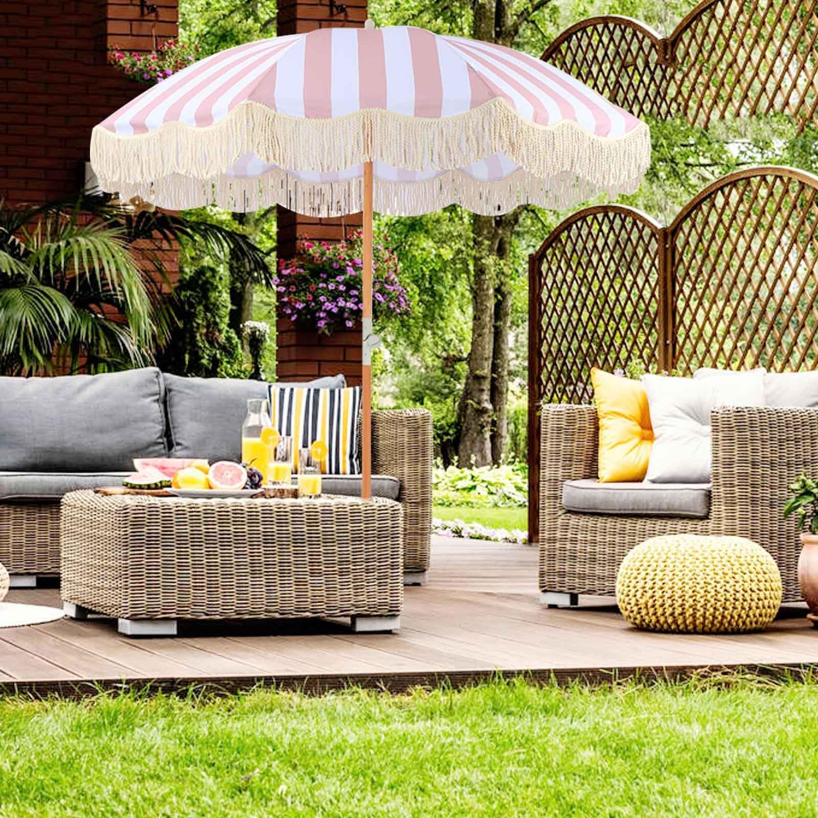 Sombrilla Playa Grande Con Borlas Rosa Sombrilla De Playa Portátil Hawaiano Parasol Jardin Inclinable 2m Sombrilla Terraza Exterior Sombrilla Jardín Impermeable Anti UV