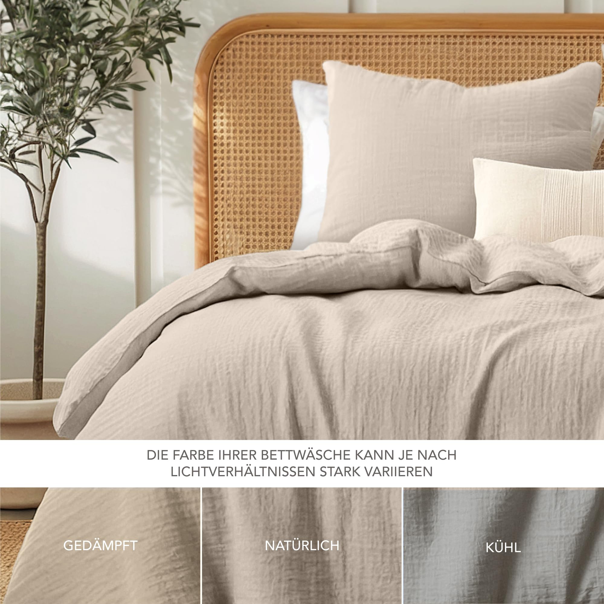 Dreamzie Musselin Bettwäsche 135x200 cm aus 100% Baumwolle – Bettwäsche Set mit 1 Bettbezug und 1 Kissenbezug 80x80 cm – Oeko-Tex Bettwäsche mit Reißverschluss – Taupe