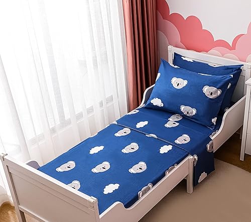 Joyching Kids Juego de sábanas estampadas para cama individual de 600 hilos 4 piezas de algodón egipcio azul Koala juego de sábanas 1 sábana bajera