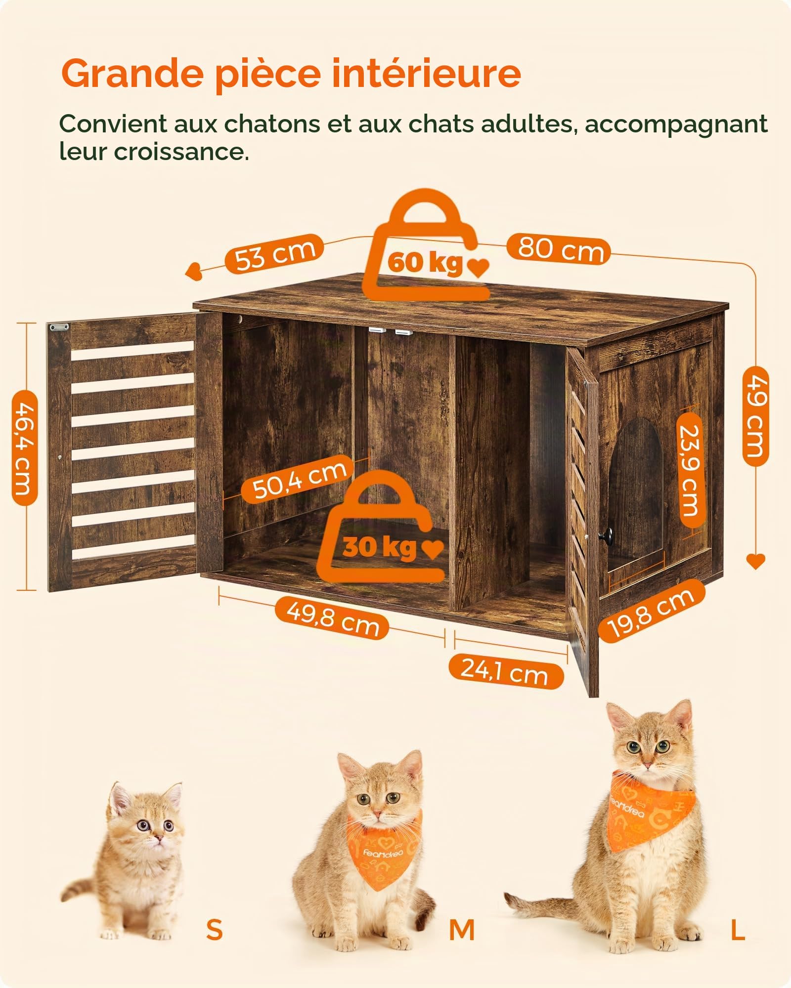 Feandrea Maison de Toilettes pour Chats, Cache-litière, Table d'Appoint, Niche pou Chats, avec Portes Persiennes, Entrée Arrondie, 80 x 53 x 49 cm, Marron Rustique PCL003X01