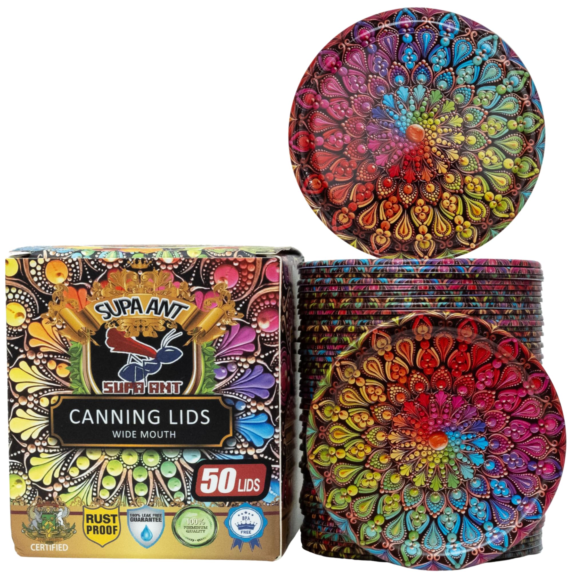 Canning Lids -Food Grade Thickest BPA/BPS free Mason Jar Lids &amp; Canning Supplies -Canning Jars Lid for Wide Mouth Mason Jars. Airtight seal Mandala Can Lids &amp; Canning Jar Lids by Supa Ant-50pk