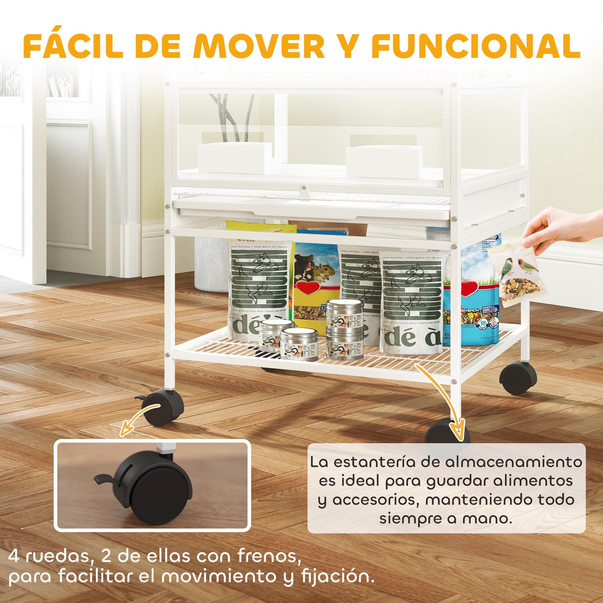 Pawhut Jaula para Pájaros Jaula Grande de 2 Niveles con Ruedas Paneles Acrílicos Comederos Perchas Estante Bandejas Extraíbles Pajarera para Loros Canarios 48x46x134,5 cm Blanco