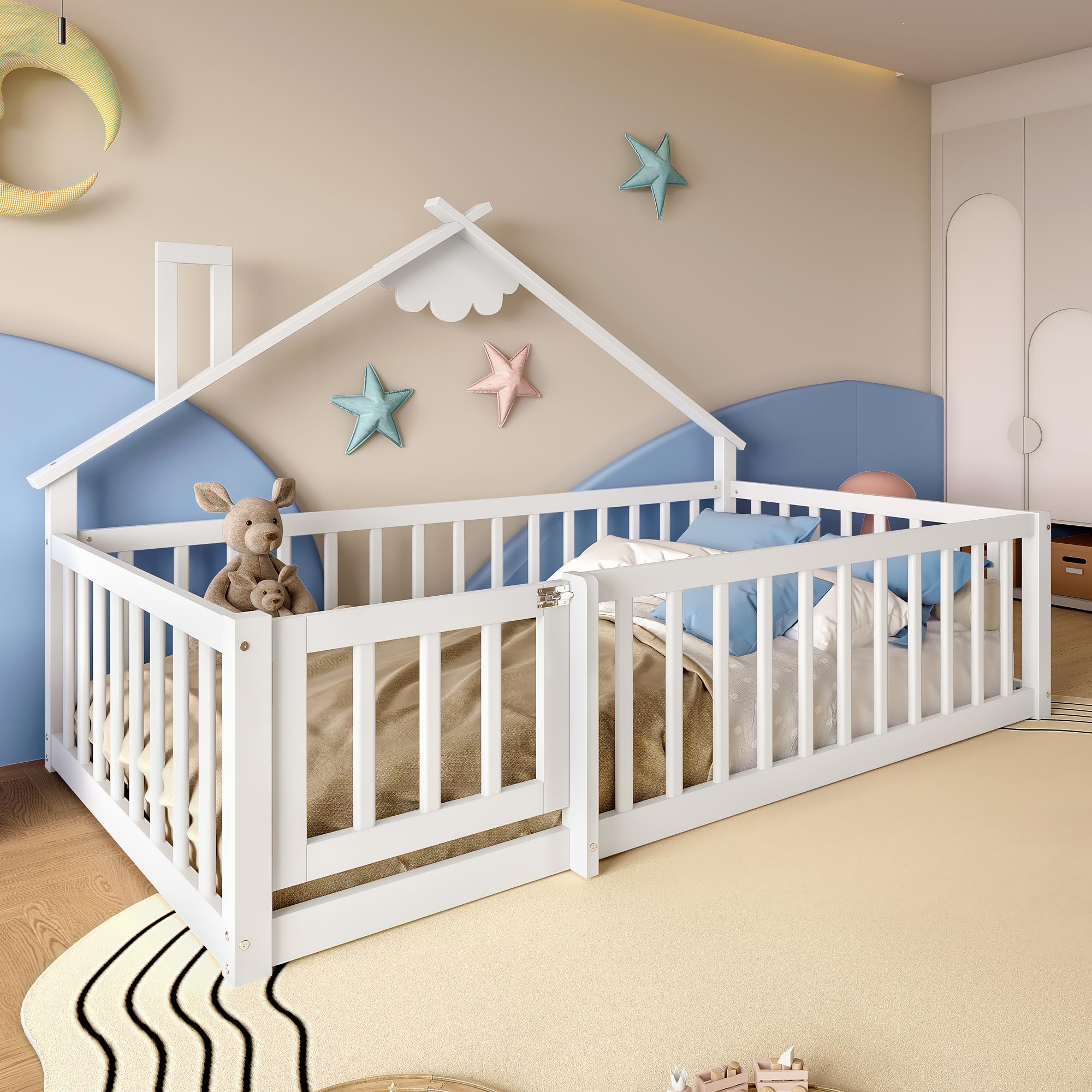 Cama de suelo de 90 x 190 cm con protección anticaída y puerta con cerradura, estructura de cama infantil, cama de madera de pino con somier, cama de madera, sin colchón