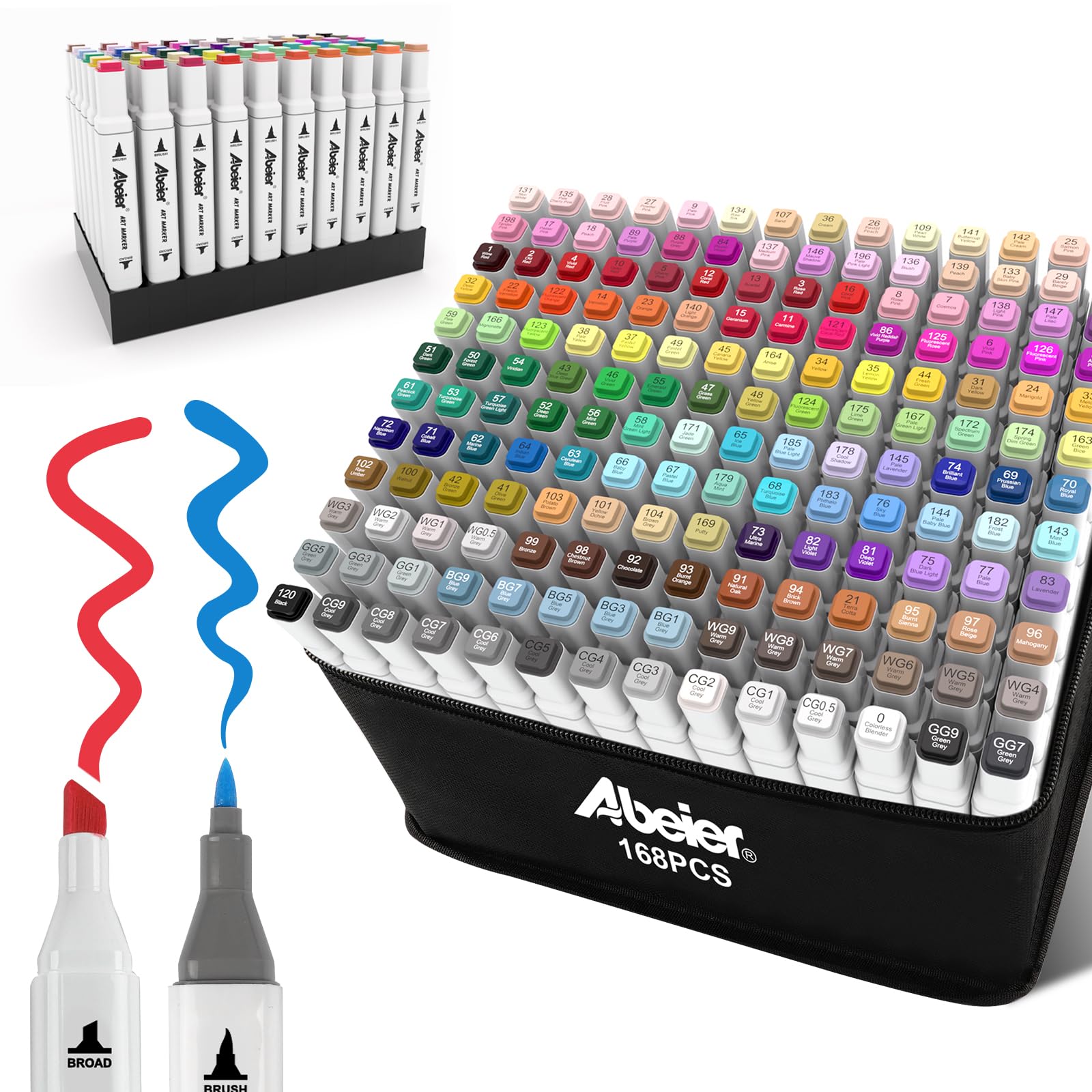 ABEIER Rotuladores de Alcohol 168 Colores,Doble Punta Marcadores de Pincel profesional para Dibujo,graffiti,colorear,renderizar,Rotuladores para artistas y adultos,1 marcador incoloro Blender