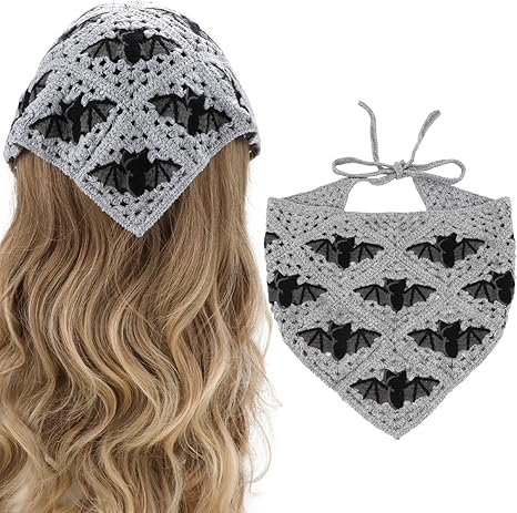 Gothic Crochet Headbands Bat Pattern Bandana for Women, Cotton Knit Triangle Headband Greyscale Halloween Style Head Scarf Christmas Vintage Crochet Hair Styling Decor