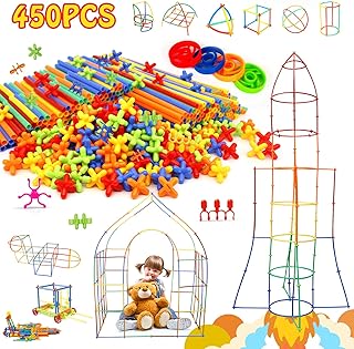 Creative Straw STEM Building Toys 450Pcs Aged for 3 4 5 6 7+ Preschool Kids Constructor Toy Thin Tube Toy DIY Educational Interlocking Plastic Engineering Toys Kit for Boys and Girls Gift