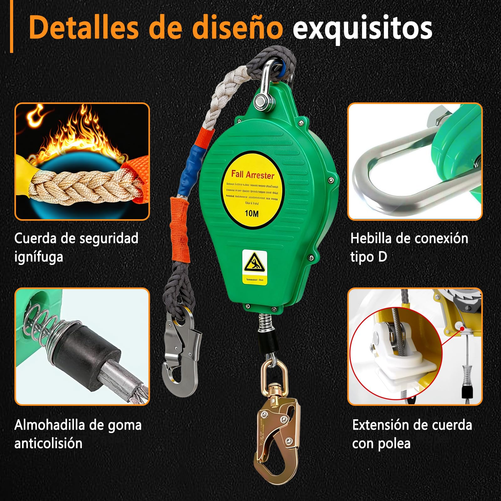 Dispositivo Anticaduta Retrattile Certificato Tetto 10m, 150kg (Verde)