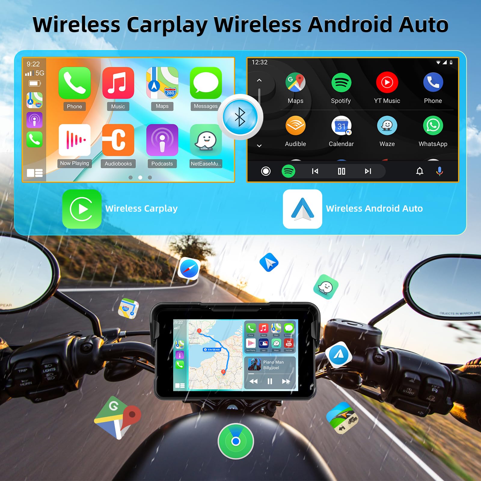 Schermo Carplay Portatile per Moto, Carplay Wireless e Android Auto per Moto, Schermo Touchscreen Impermeabile IP68 da 5 Pollici per Moto, Supporto GPS, Mirror Link, Bluetooth, Porta TF