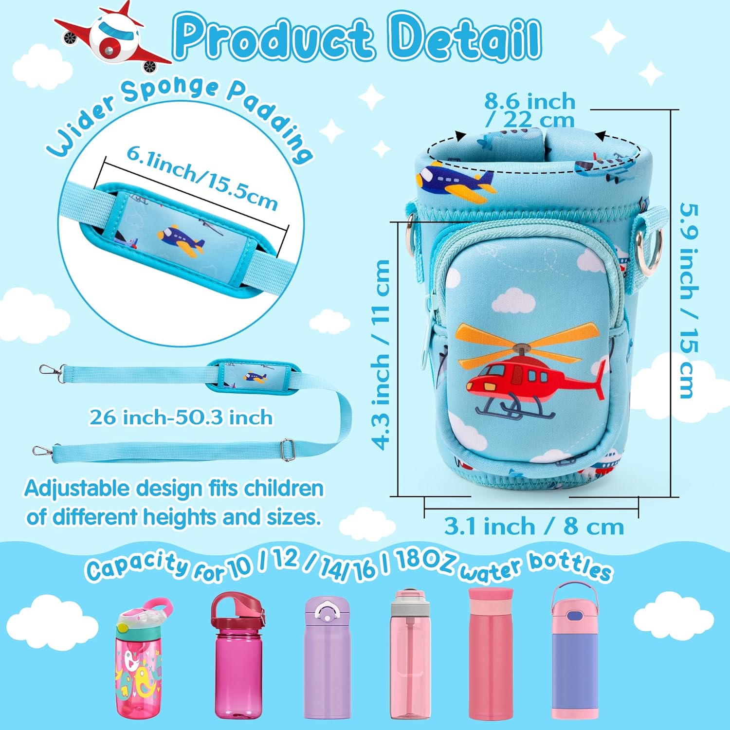 Water Bottle Carrier Bag with Strap for Kids - Water Bottle Bag Holder with Padded Strap Pocket 10/12/14/16/18Oz for Boys Girls School Walking Hiking Camping - Image 2