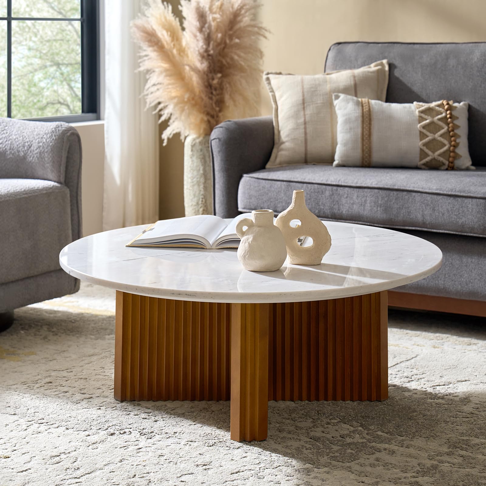 HULALA HOME Nature Marble Coffee Table with Solid Pine Wood Base Modern Minimalist Coffee Table Round Center Table