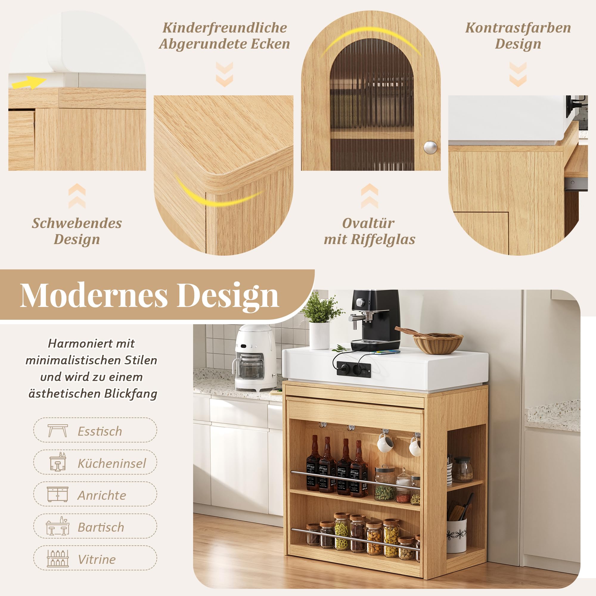 Îlot Central Cuisine avec Rangement, Table Extensible et Prises, Meuble Îlot de Cuisine avec Portes en Verre et Plan de Travail