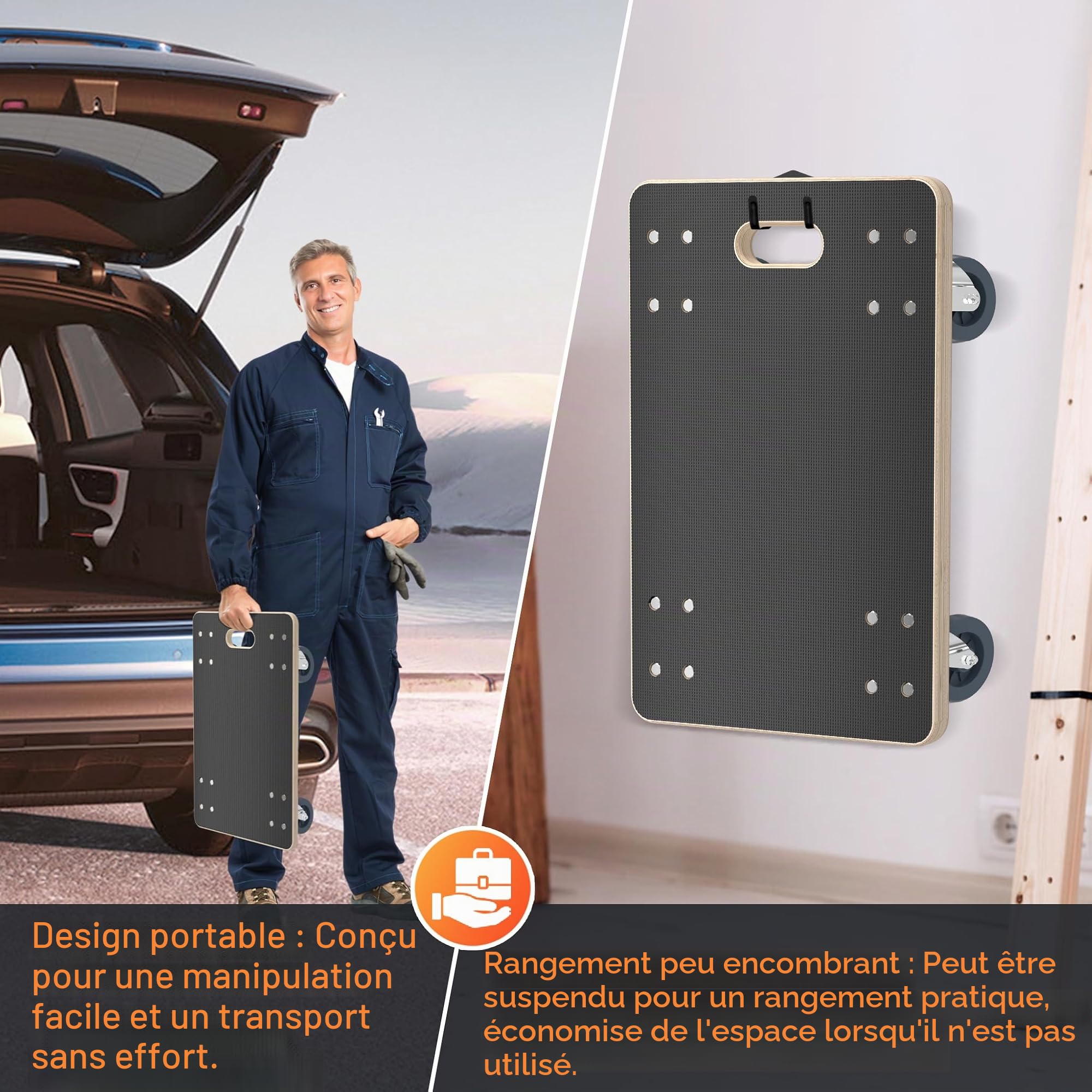 Aufun Lot de 2 roulettes de transport pour planche à roulettes 60 x 40 cm avec frein, roulettes pour meubles, transport avec aide au transport, transport de meubles jusqu'à 200 kg, robustes et sûrs