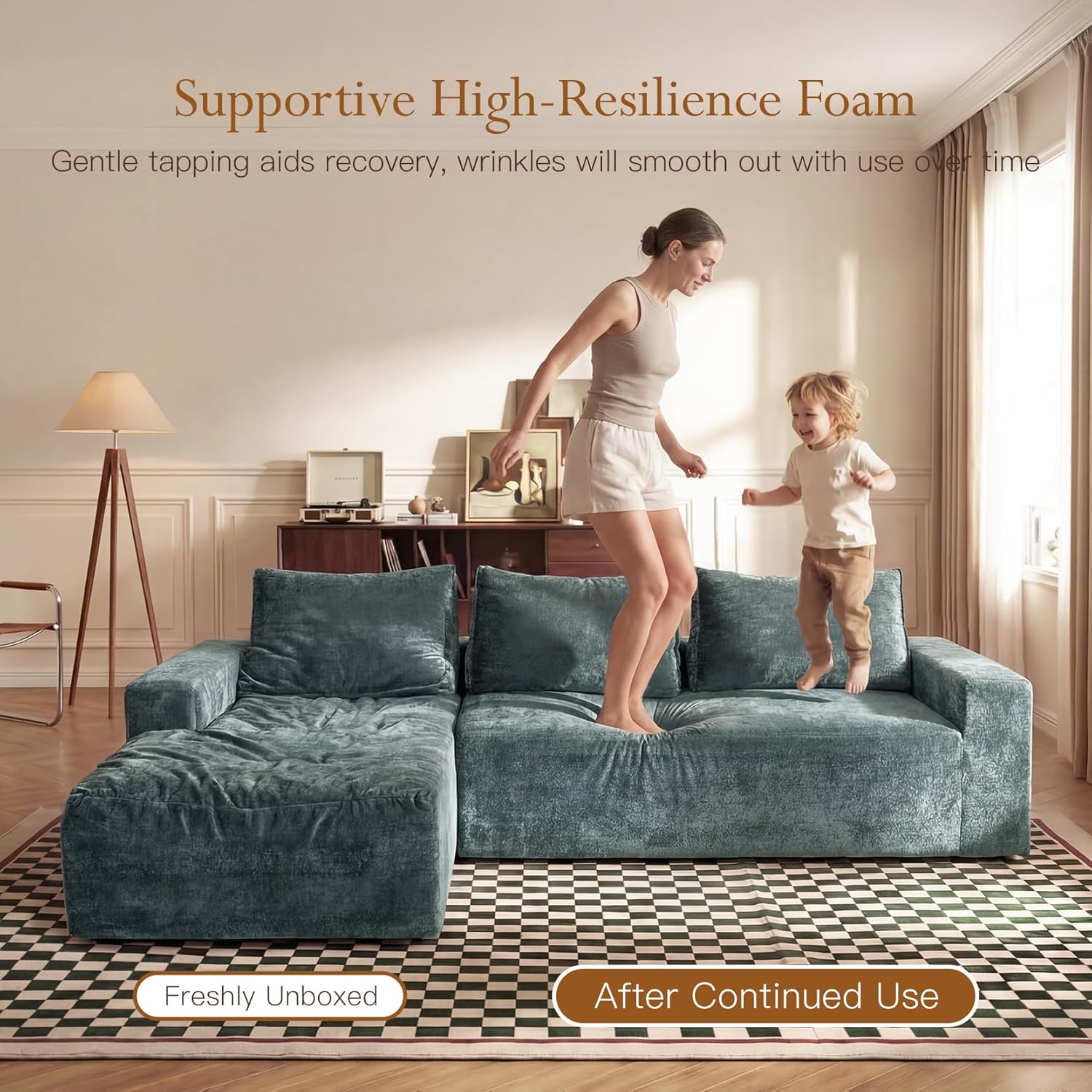 Vesgantti 95" Boneless Couches for Living Room, L-Shape Sectional Couch with Chaise in Corduory | Memory Foam | No Assembly Required, Deep Seat Cloud Modular Sofa for Apartment, Office (Green) | Memory Foam Couch, Scratch-Proof, Breathable Fabric, Non-Slip Bottom, Side Pocket