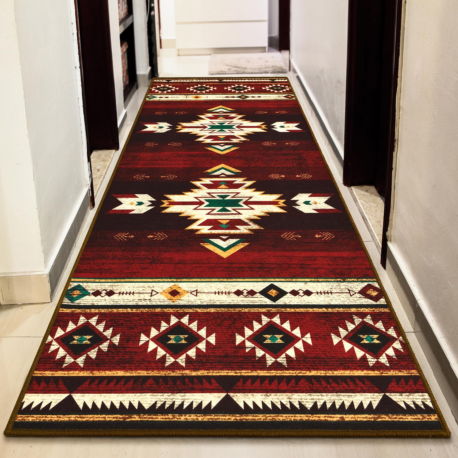 B BENRON Western Hallway Runner Rug 2 x 6, Non-Slip Long Runners for Bedroom Kitchen Hall Laundry, Accent and Tribal Throw Rugs Washable, Red