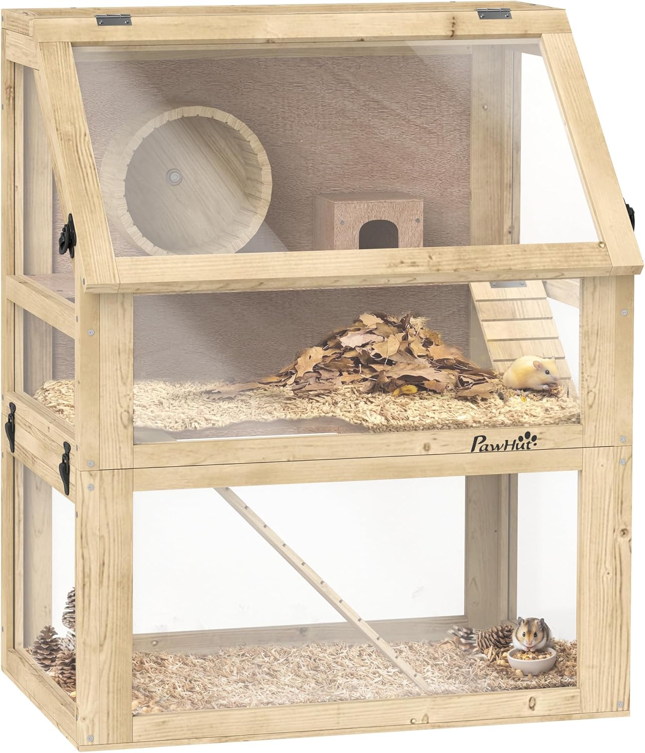 PawHut Hamsterkäfig aus Holz, 3-stöckiger Rennmauskäfig mit abnehmbarer, 32 cm tiefer Bodenkabine, Wippe, Laufradrampen, 60 x 40 x 75 cm, natürliches Holzfinish