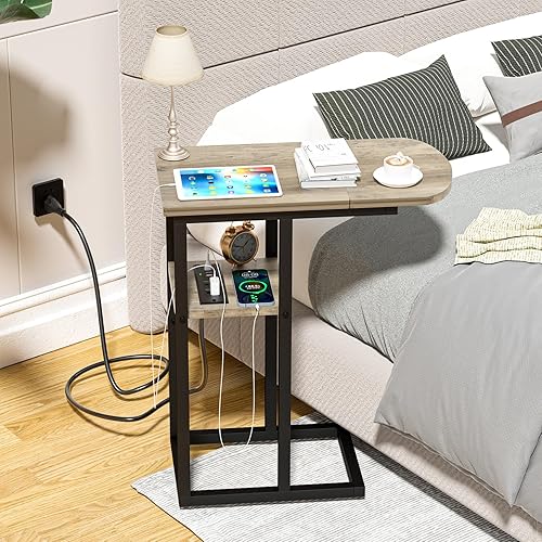 Miniatura 2 de Mesa auxiliar de mesa C con estación de carga, mesa auxiliar en forma de C para sala de estar, dormitorio, mesa para computadora portátil con