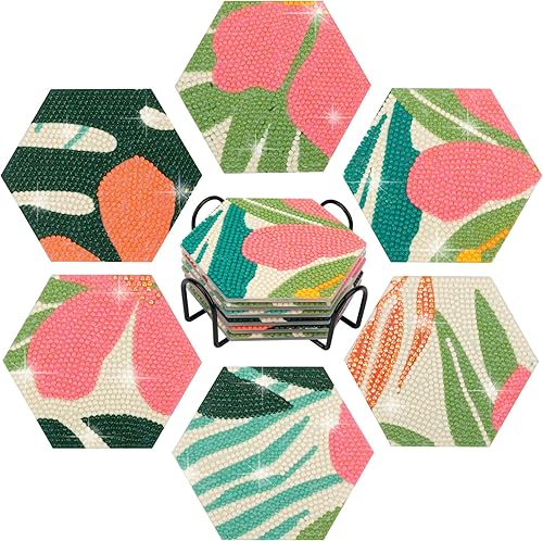 Temlum 6 posavasos de pintura de diamante con soporte, posavasos de arte de diamantes de flores, pequeños kits de pintura para principiantes,