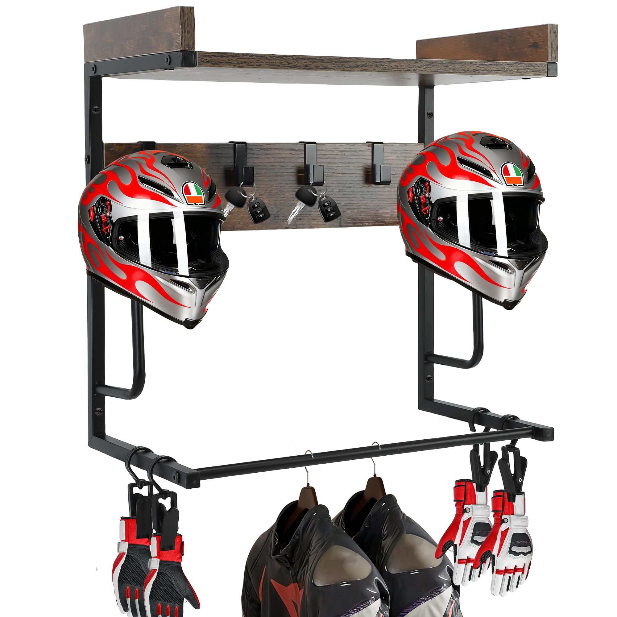 Support Casque Moto, Porte Casque Moto Mural avec 4 Clips à Gants et 4 Crochets, Support Mural pour Ranger Vos Accessoires de Moto, Football, Rugby, Équipement d'Autres Sports