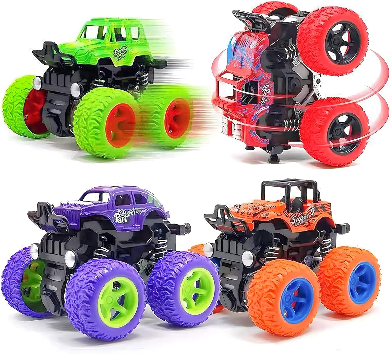 LEFEI 4-Pack Monster Trucks for Boys 3-7: Friction Powered Push & Go Stunt Cars, 360° Flips, All-Terrain Birthday Gifts