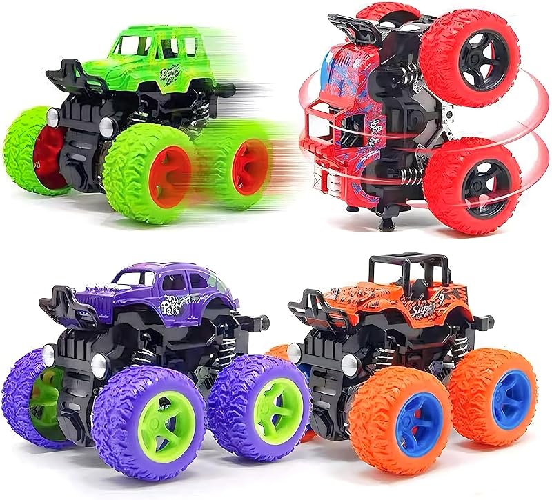 Monster Truck for Boys 3 4 5 6 7 Year Old Push and Go Friction Powered Car | 4 Pack Double-Directions Inertia Pull Back Vehicle Set for Kids Ages 3-7, Best Birthday Christmas Party Gift Boys & Toddlers