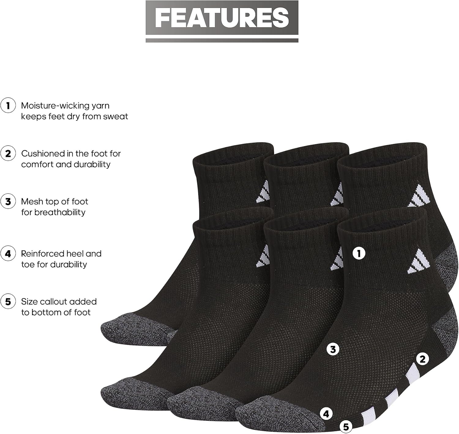 adidas Unisex Kids Cushioned Quarter Ankle Socks for Boys and Girls (6 Pairs) Durable & Comfortable - Image 3