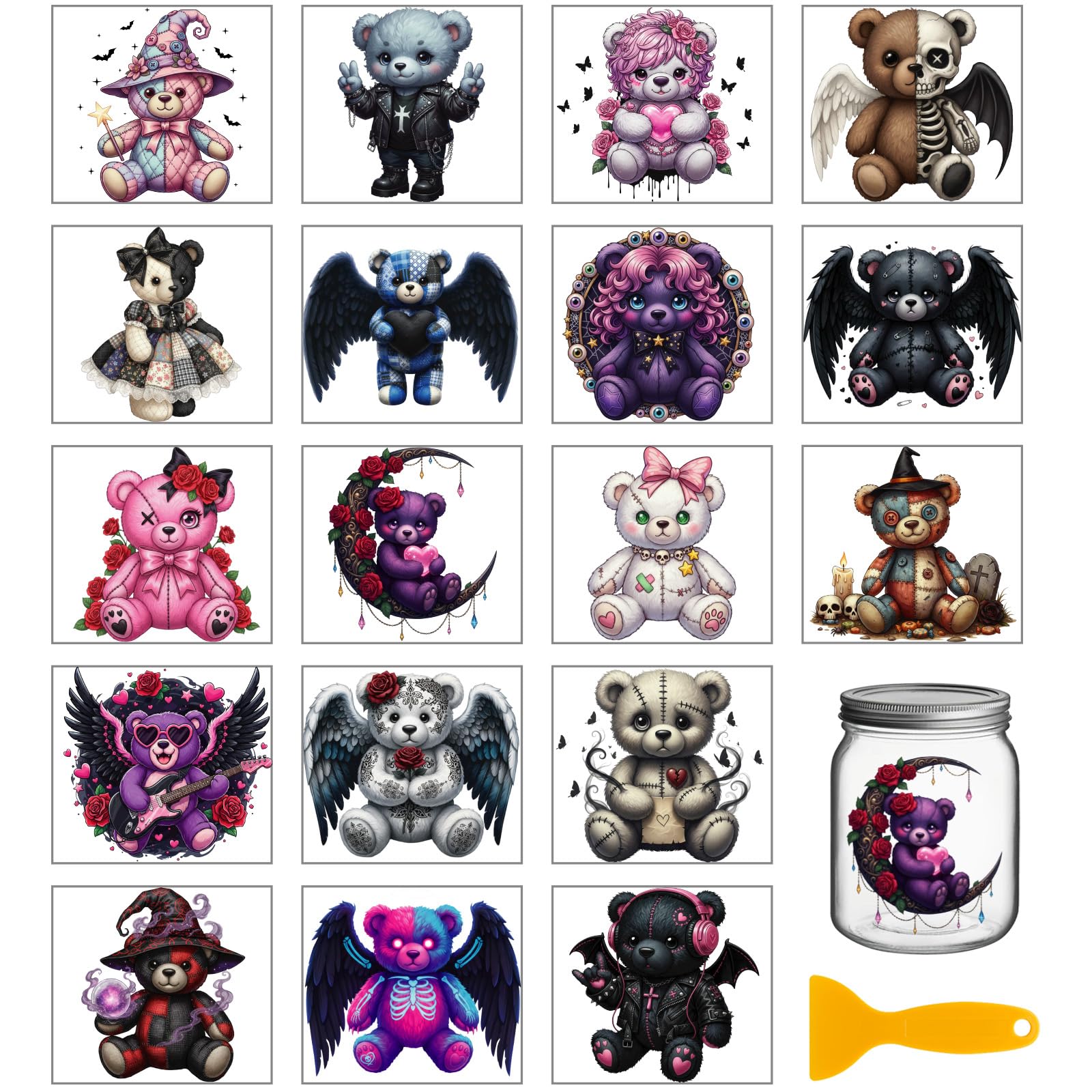 GLOBLELAND 18 Sheets Gothic Magic Teddy Bear Transfer Stickers 3.9x3.6 Inch Cute Bear Colorful Transfer Decal Funny Animals Rub on Transfer for Cup Decal Vase Glass Art Crafts Decorations