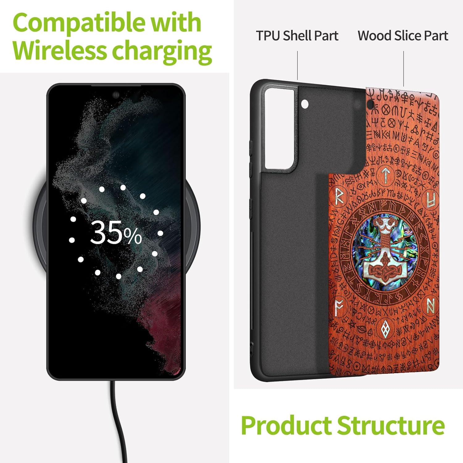 Carveit Designer Wooden Cover for Samsung Galaxy S22 Case [Wood Engraving & Shell Inlay] Compatible with Wireless Chargers Galaxy S22 (Thors Hammer-Rosy)