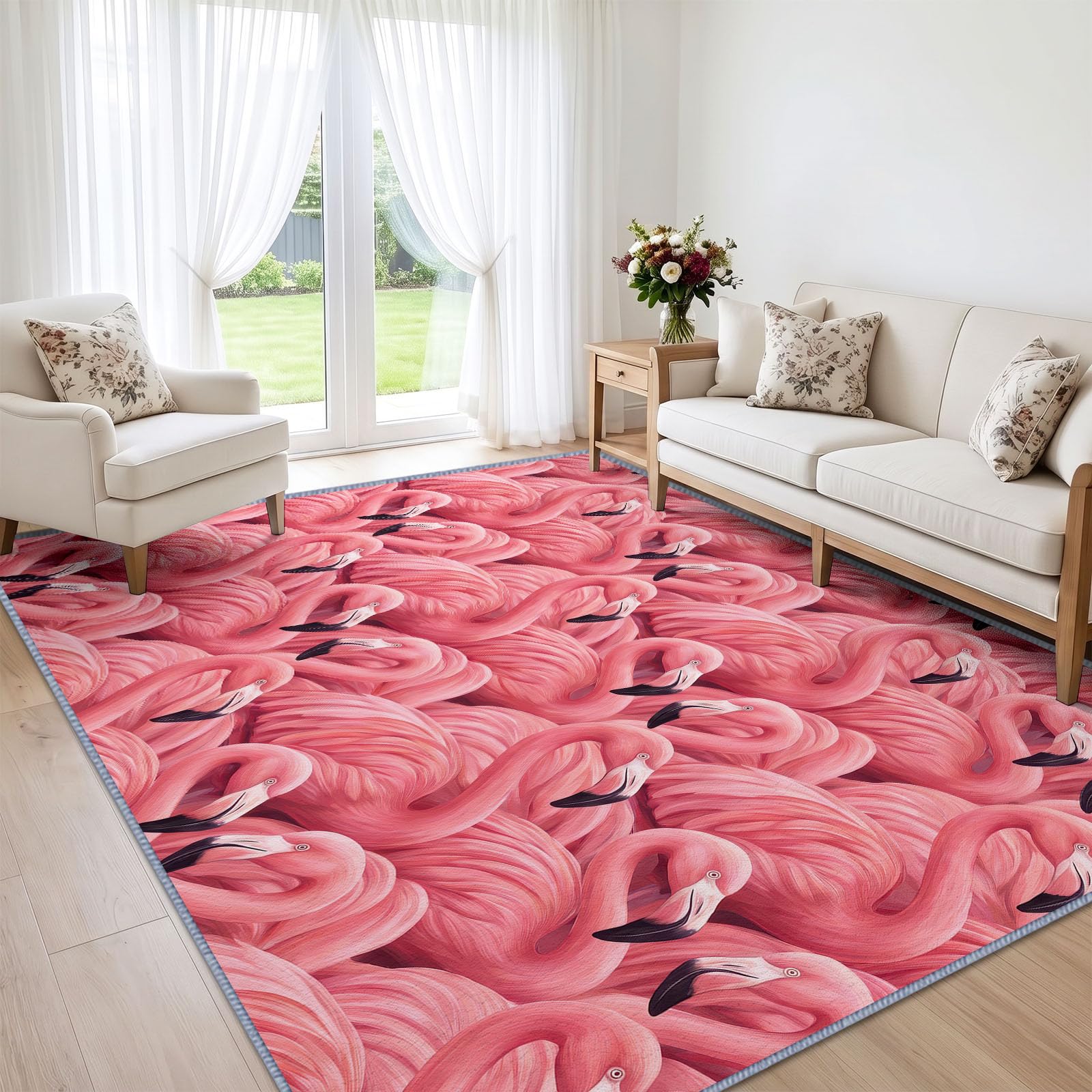 Tapis Lavable en Machine 120 x 180 cm Campagne Animaux Flamants Roses Tapis Antidérapant en Flanelle Idéal pour Enfants et Animaux – Moquette de Chambre Doux, Poils Courts, Entretien Facile, Rose