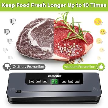 6-in-1 Vacuum Sealer Machine, 30cm Longer Food Sealer with 50 Bags & Cutter | 65KPa Powerful Suction, Food Vacuum Sealer, Vac/Seal/Wet/Dry/Rice Modes, LED Display, for Meat Fish Veg Snacks, UK Plug