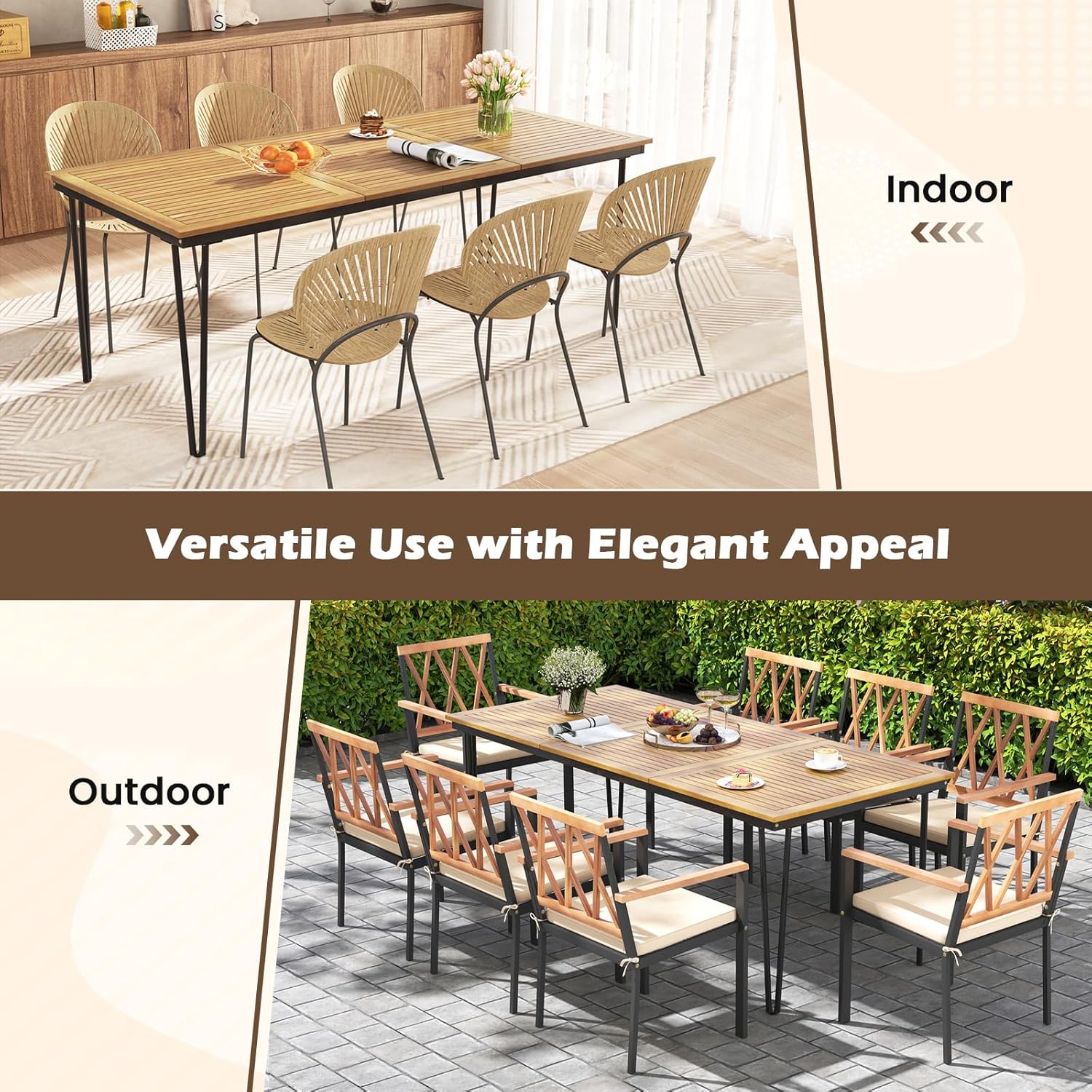 RELAX4LIFE Wooden Outdoor Dining Table for 8, 79" Rectangular Table w/Acacia Wood Slatted Top, Umbrella Hole & Metal Legs, Indoor Outdoor Bistro Table for Porch Garden, 8-Person Patio Dining Table